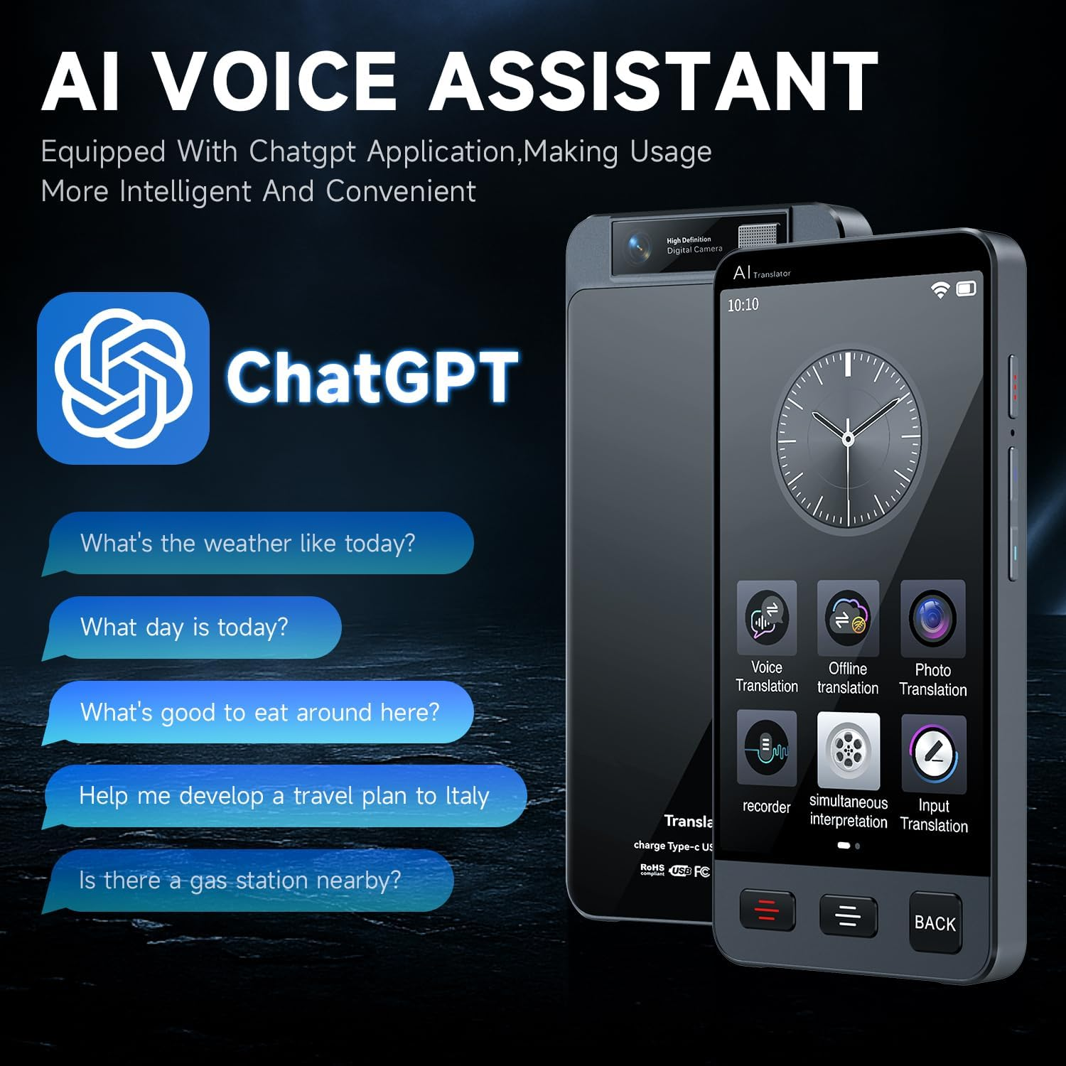 M80 AI Language Translator Device,Chatgpt Offline Voice & Photo Translator, 142 Languages, No Wifi Needed, 2-Way Real-Time Recording for Travel, Business & Learning | Portable & Fast