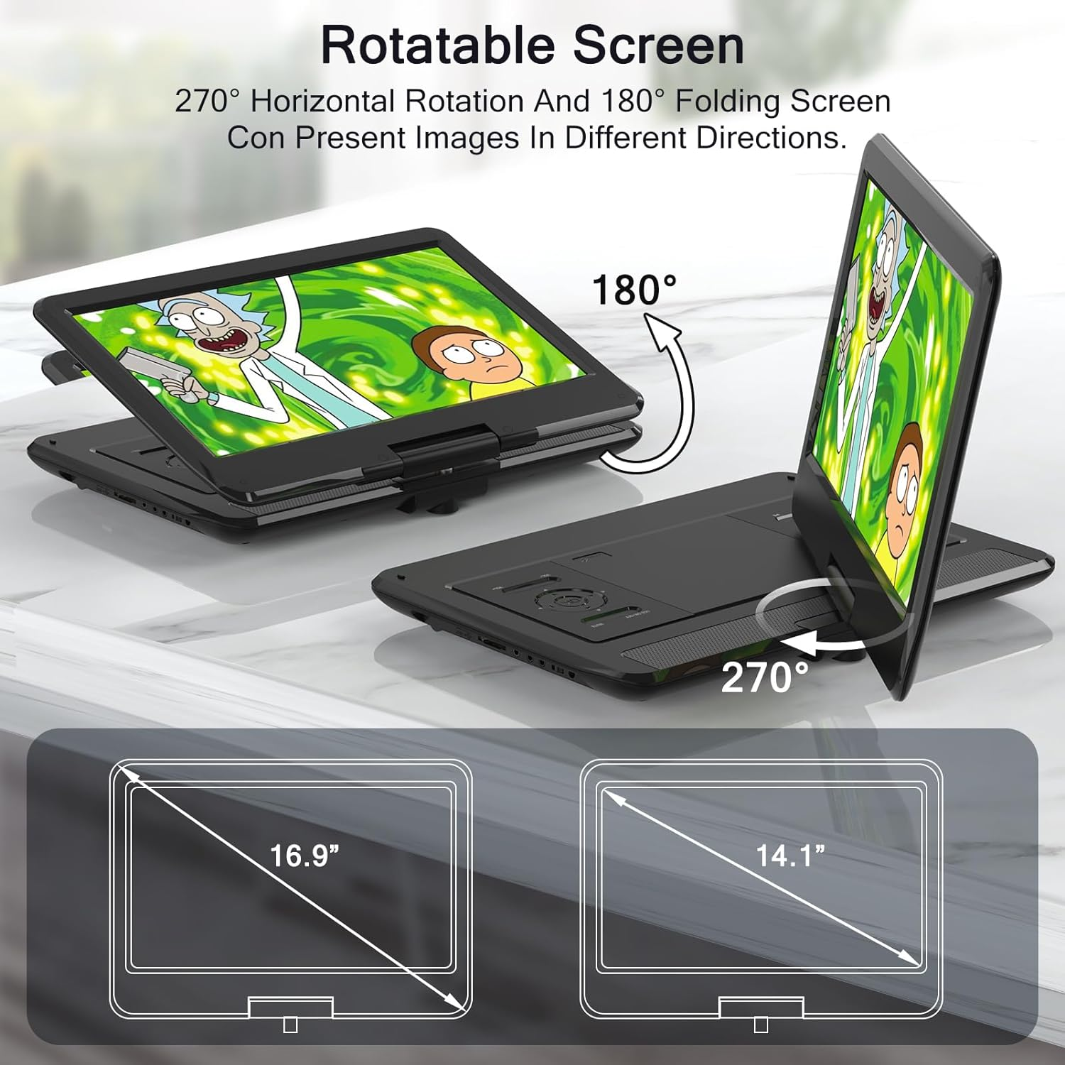 16.9" Portable DVD Player with 14.1" Large HD Screen, 4-6 Hours Rechargeable Battery, Car DVD Player,Regions Free,Dual Speakers, Support CD/DVD/SD Card/Usb,[Not Support Blu-Ray]&hellip; image number 3