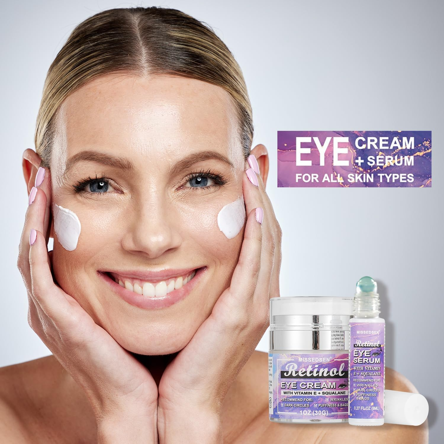 Eye Cream & Roller Serum Set with Retinol,Vitamin E,Squalane, Hyaluronic Acid for Dark Circles, Eye Bags & Fine Lines under Eyes, Brighten under Eyes,30G&8Ml image number 6