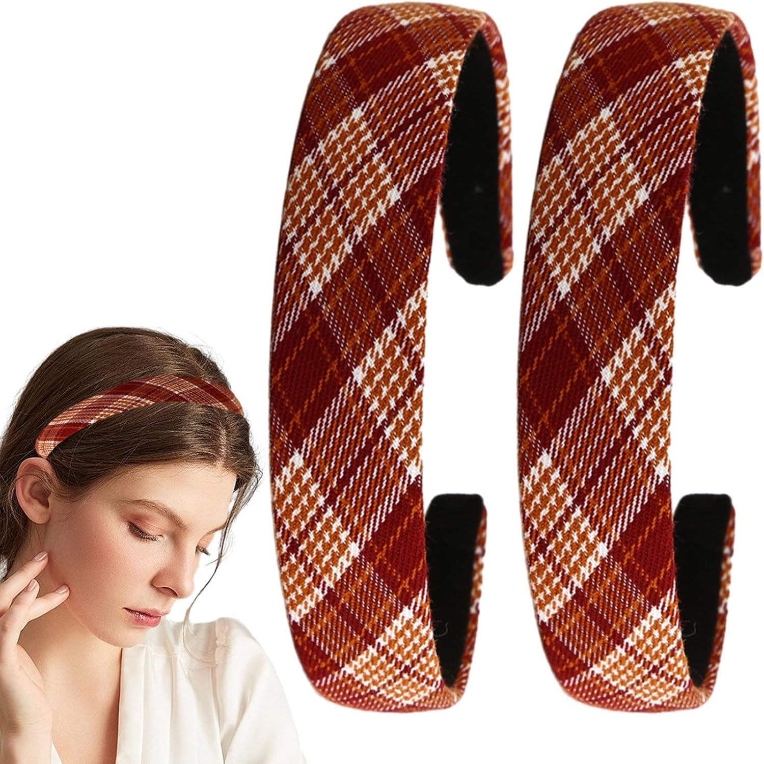 2 Pcs Headband Women Tartan Headbands Fabric Hairbands for Women Girls (Brown)