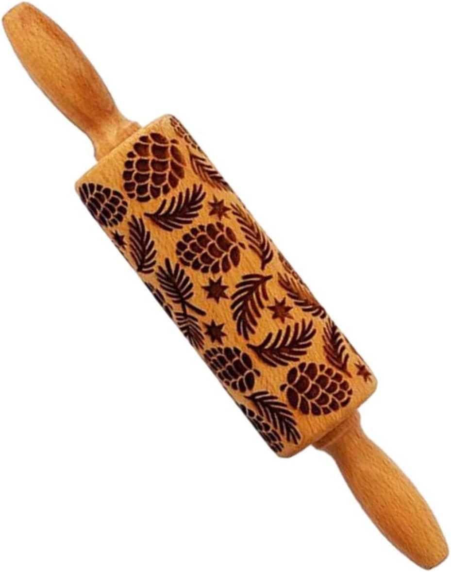 MYCENSE Embossed Wooden Rolling Pin with Pinecones Pattern,Engraved 3D Holiday Rolling Pin for Baking to Decorate Cookies Waffles image number 5
