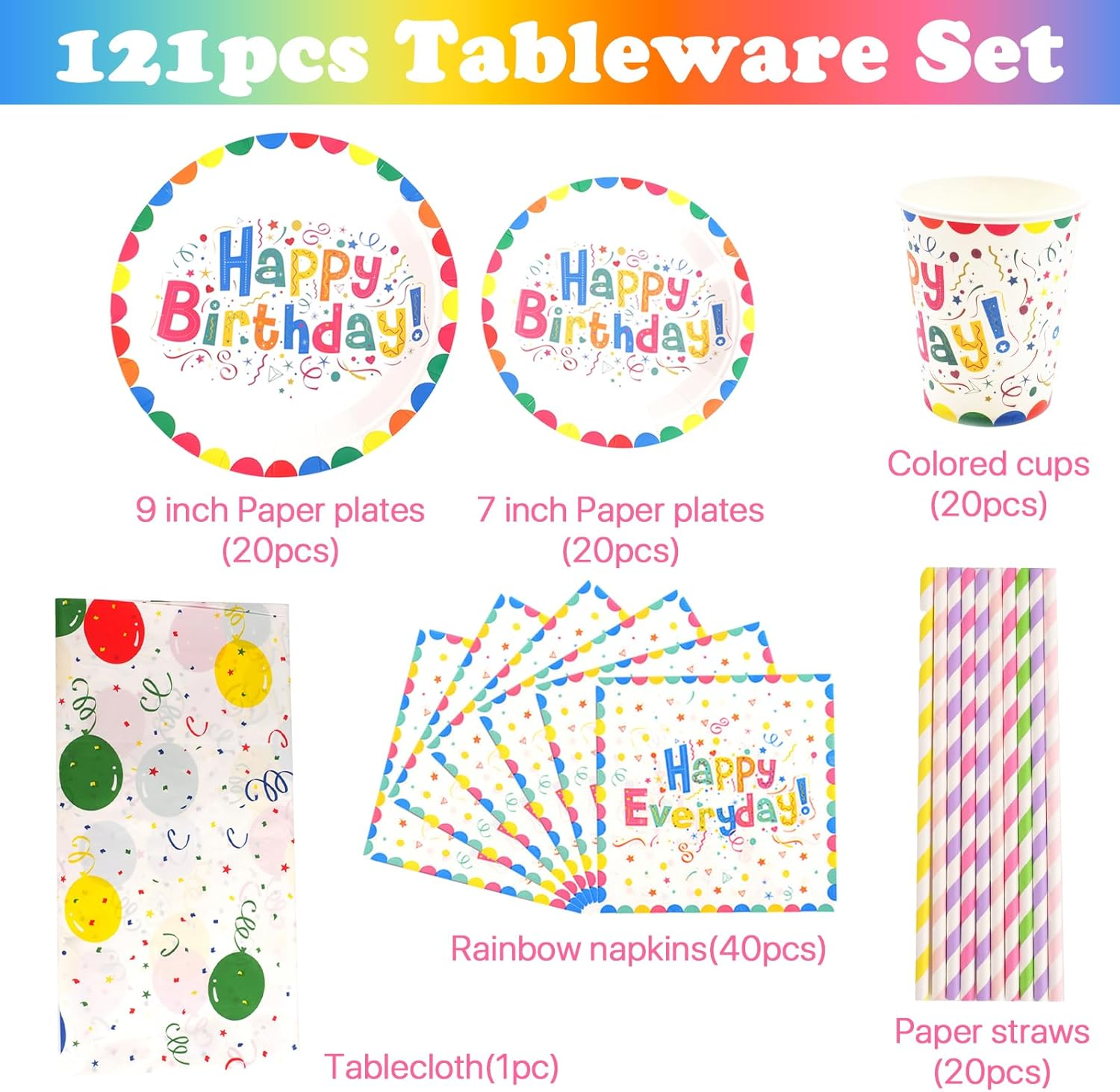 121 PCS Rainbow Happy Birthday Party Tableware Set with Paper Plates Cups Straws Napkins Tablecloth Rainbow Birthday Party Supplies Decorations for 20 Guests image number 6