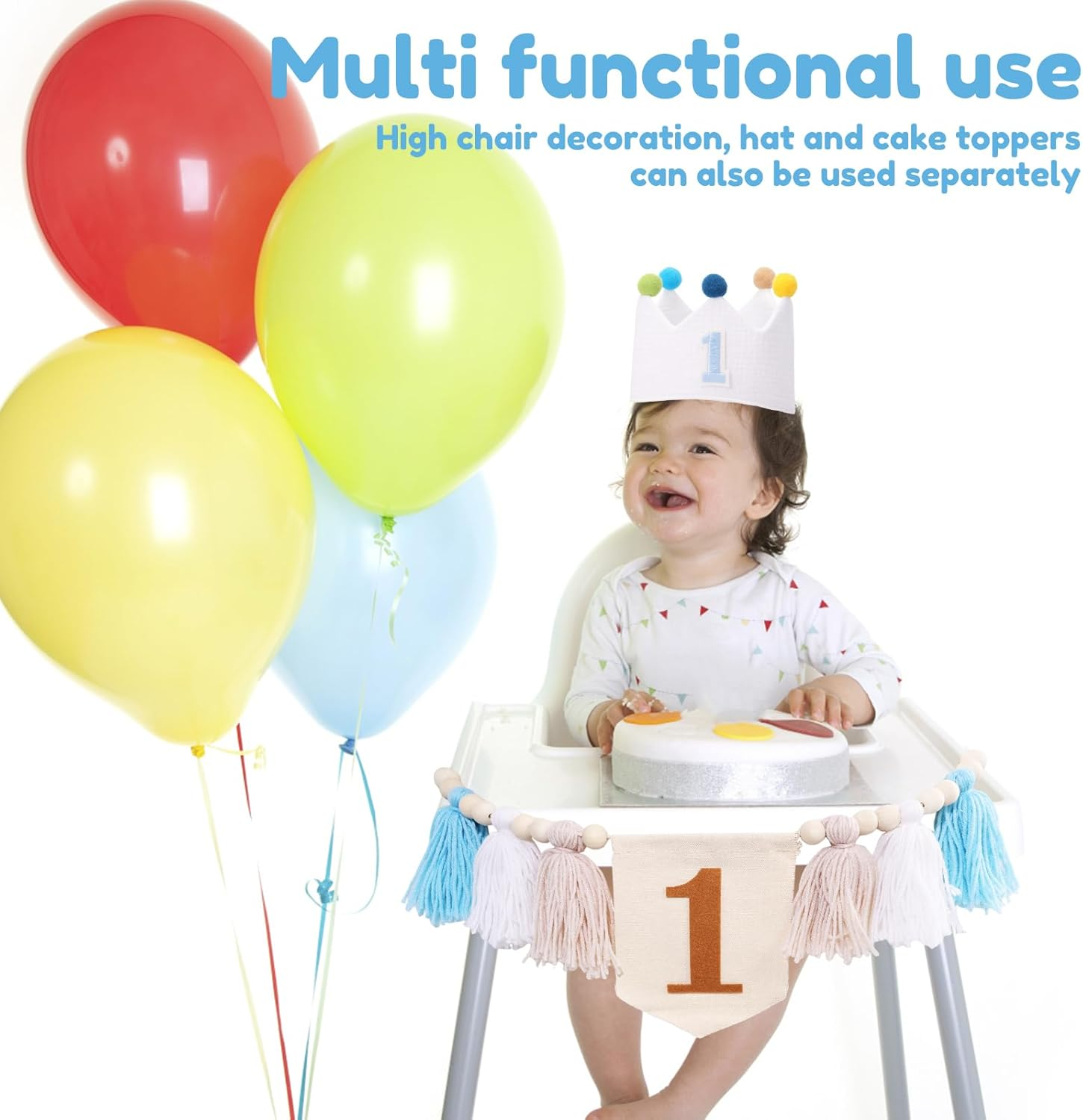 DJAPWPX 3 Pcs Baby First Birthday Party Decorations, Includes High Chair Banner Crown Hat and Cake Topper, Unique 1St Birthday Decorations for Baby Girls and Boys (Blue)