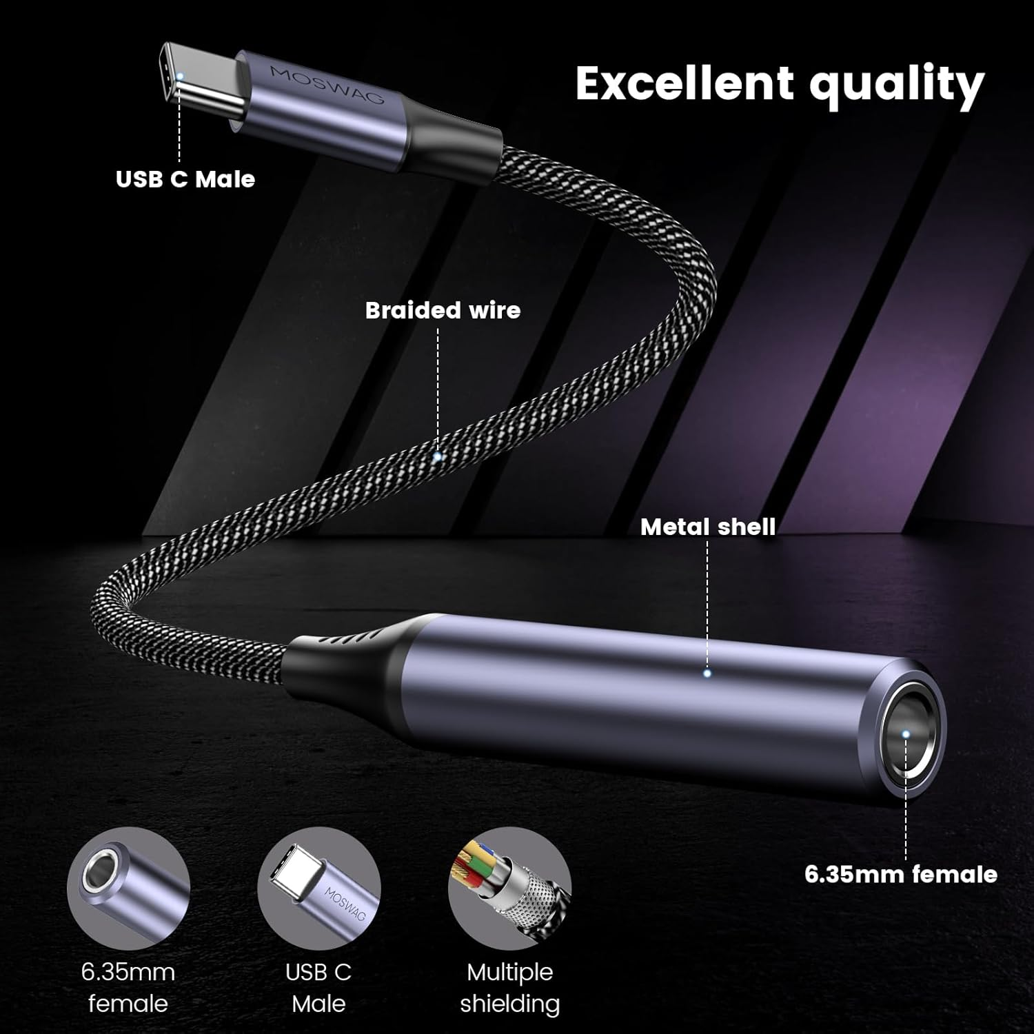 MOSWAG USB Type C to 1/4 Headphone Adapter, USB C to 6.35Mm TRS Audio Cable Stereo Jack Audio AUX Adapter Compatible with Amplifiers, Mixer, Home Theater, Smartphones, Laptop, 6.35Mm Headphones