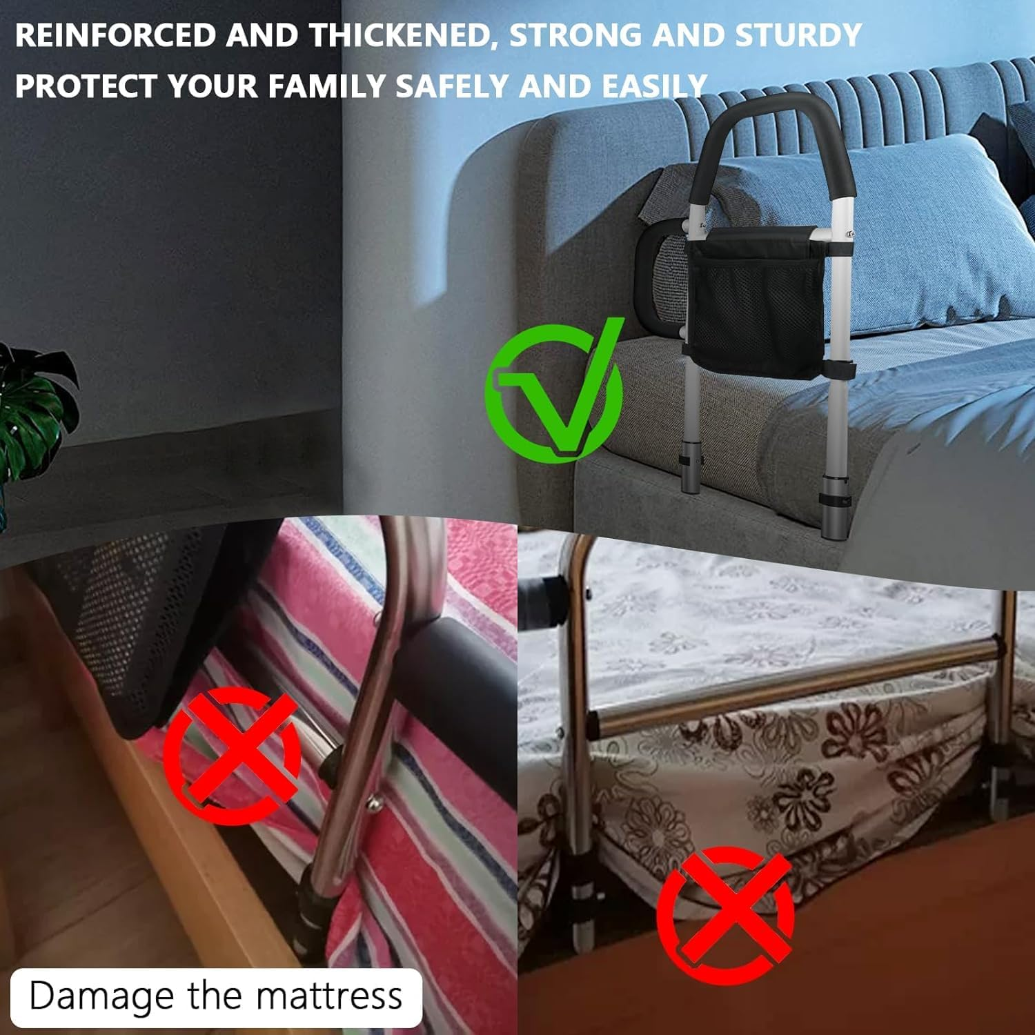 Bed Rails for Elderly Adults with Dual Grab Bars & Storage Pocket, Portable Adjustable Bed Assist Rail, Bed Rail Support up to 300Lbs, Fits King, Queen, Full Bed image number 4