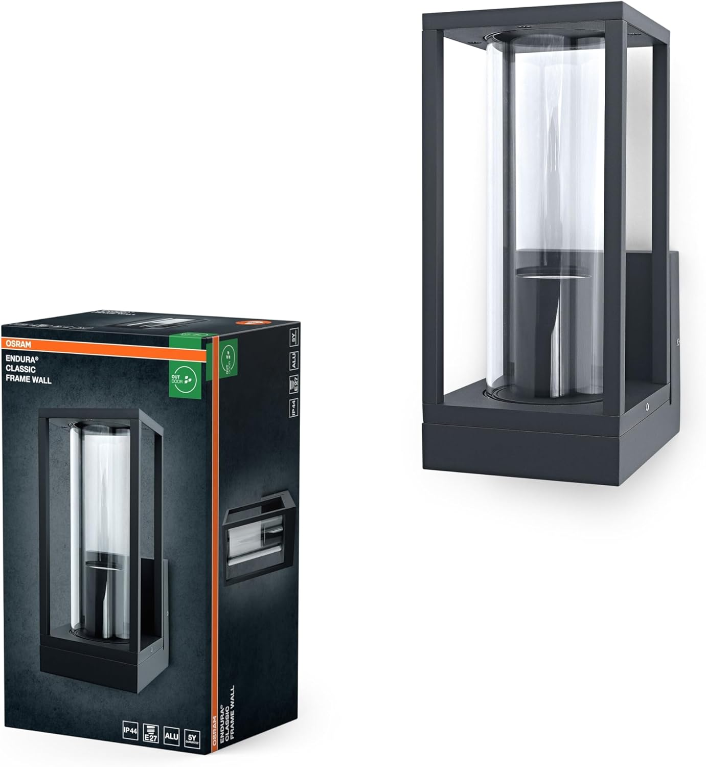 OSRAM Outdoor Wall Light E27 Aluminium Clear Glass IP44 Dark Grey Rectangular Design 140 X 110 X 245 Mm Fixings Included image number 2