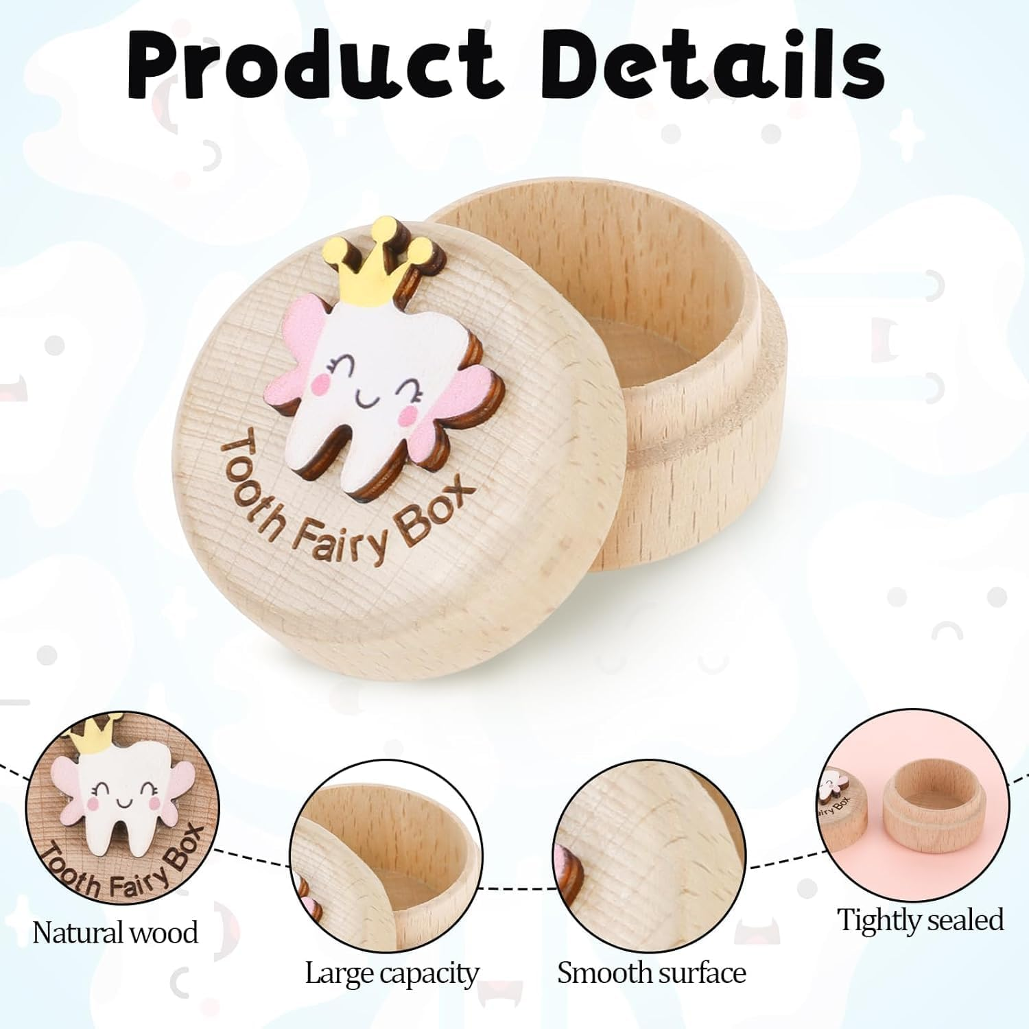 Tooth Fairy Box Tooth Box for Girls Cute Carved Wooden Box with 3D Tooth Stores Lost Teeth for Kids Souvenir Dropped Tooth Keepsake Colored Storage Box Gift (Pink Wings) image number 4
