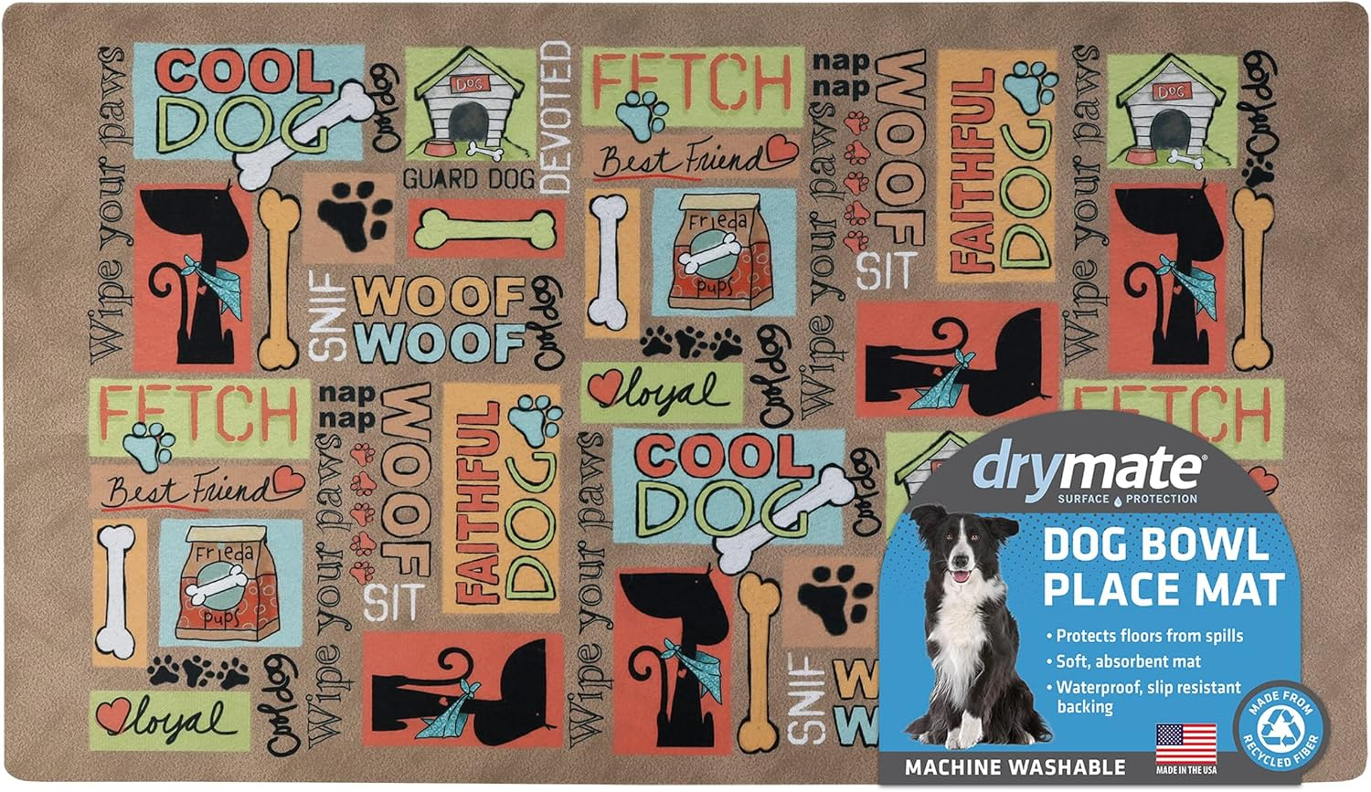 Drymate Pet Bowl Placemat, Dog & Cat Food Feeding Mat - Absorbent Fabric, Waterproof Backing, Slip-Resistant - Machine Washable/Durable (USA Made) (16&rdquo; X 28&rdquo;) (Paw Dots Black)