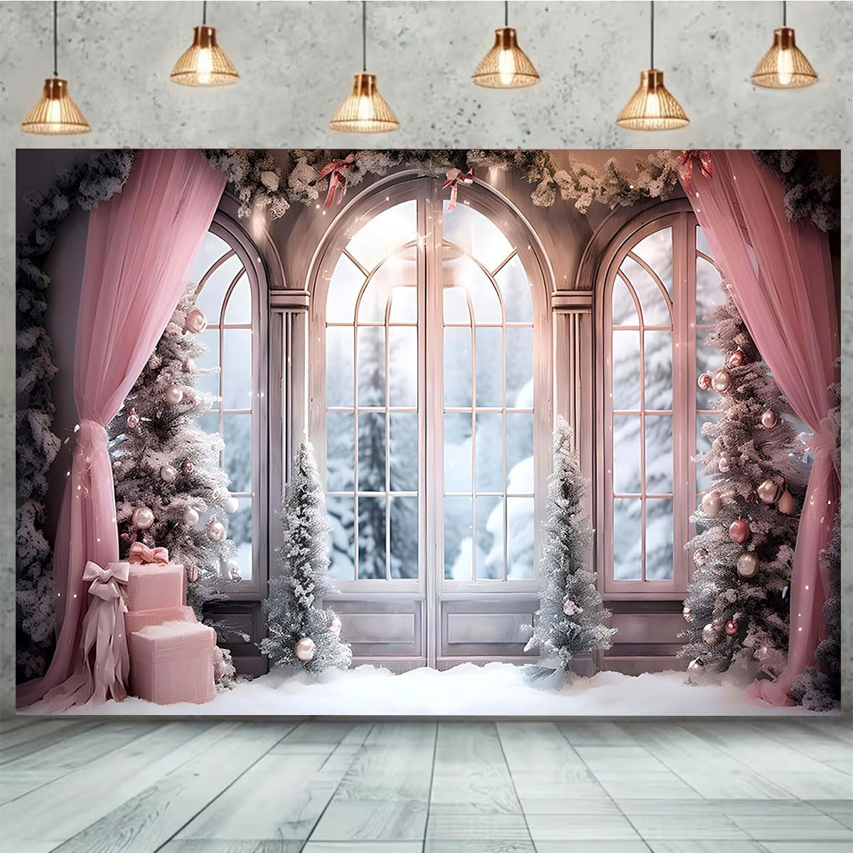 Pink Curtain Winter Xmas Photo Background Christmas Winter Snow Forest Window Photography Background Family Holiday Party Decorations Baby Shower 1St Birthday Backdrop,7X5Ft