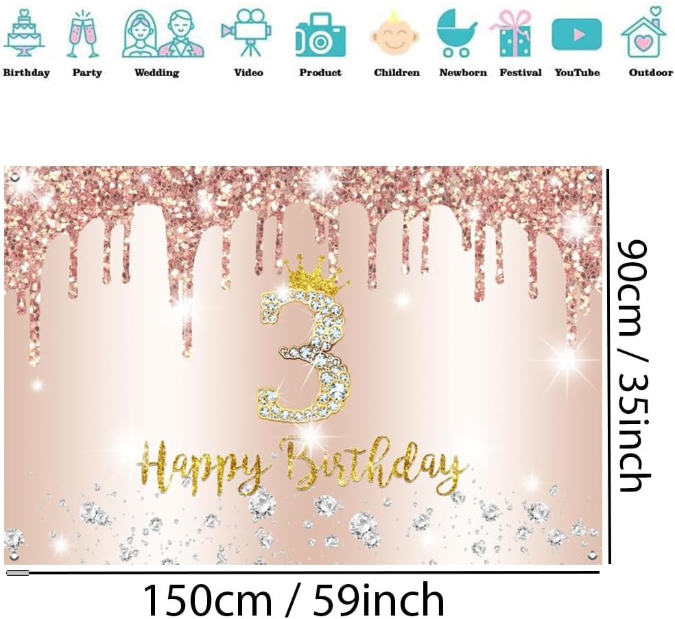 3Rd Birthday Decorations for Girls Happy 3Rd Birthday Backdrop Banner Party Deco Girl 3 Years Old Sign Poster Rosegold Photo Background 3Rd Birthday Party Supplies, 150 Cm X 90 Cm image number 5