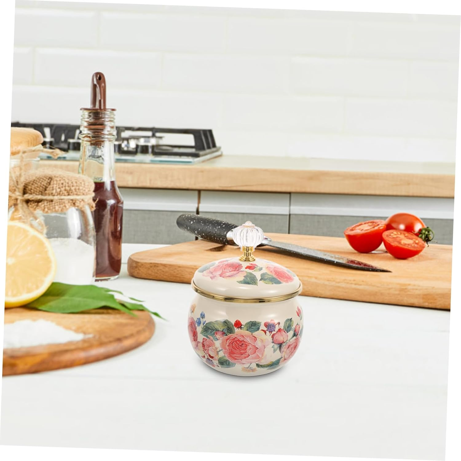 GRIRIW Enamel Spice Jar with Lid 9Cm Rose Pattern Multi-Function Ceramic Container for Kitchen Food Storage and Tea Sugar Canister Home Use image number 4