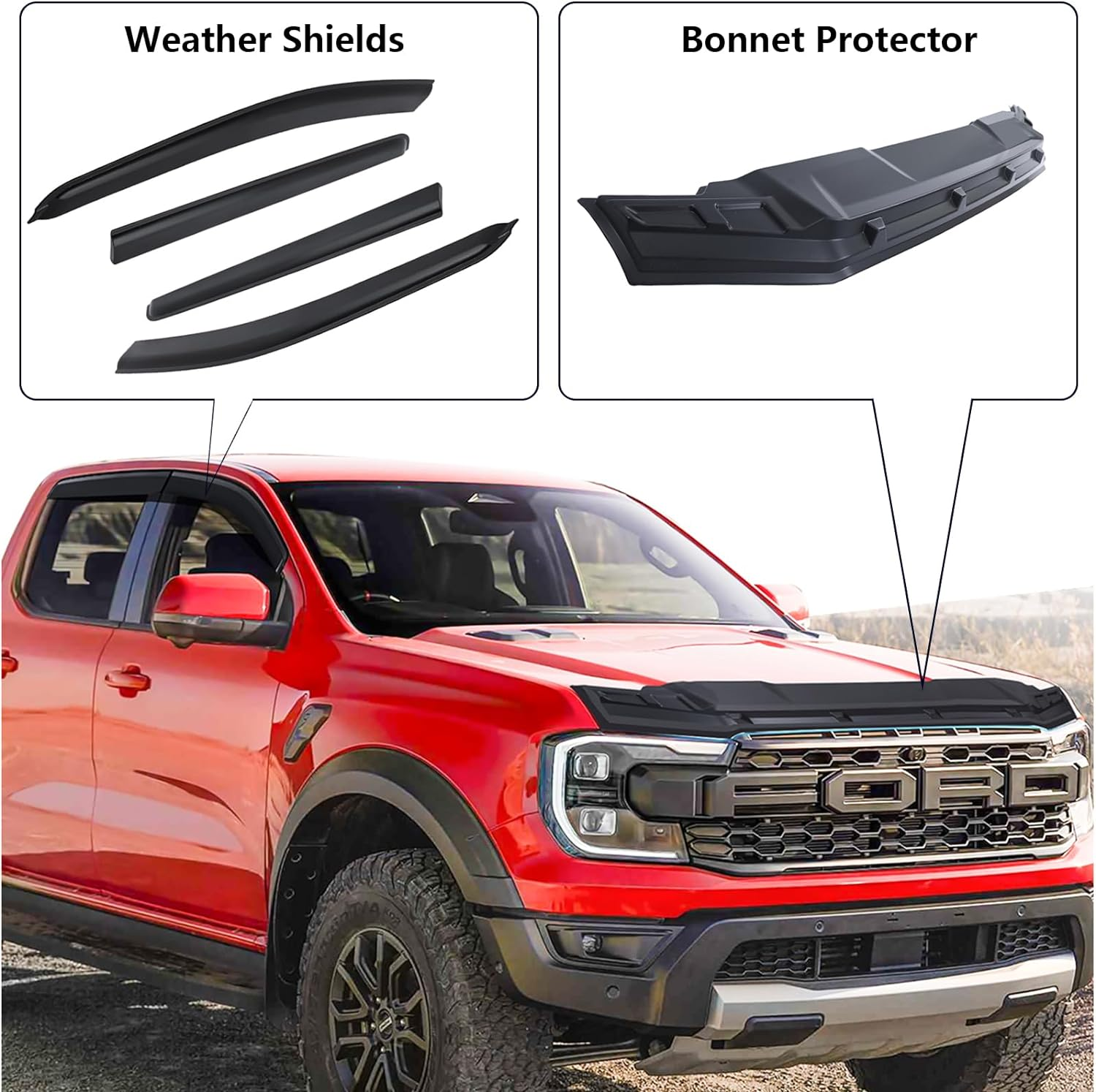 SUERAUTO4X4 for Ford Ranger Raptor Accessories Next Gen 2022 2023 2024 2025 Weather Shields Wind Deflectors Window Visor and Bonnet Protector Hood Guard Trim Car Exterior image number 6