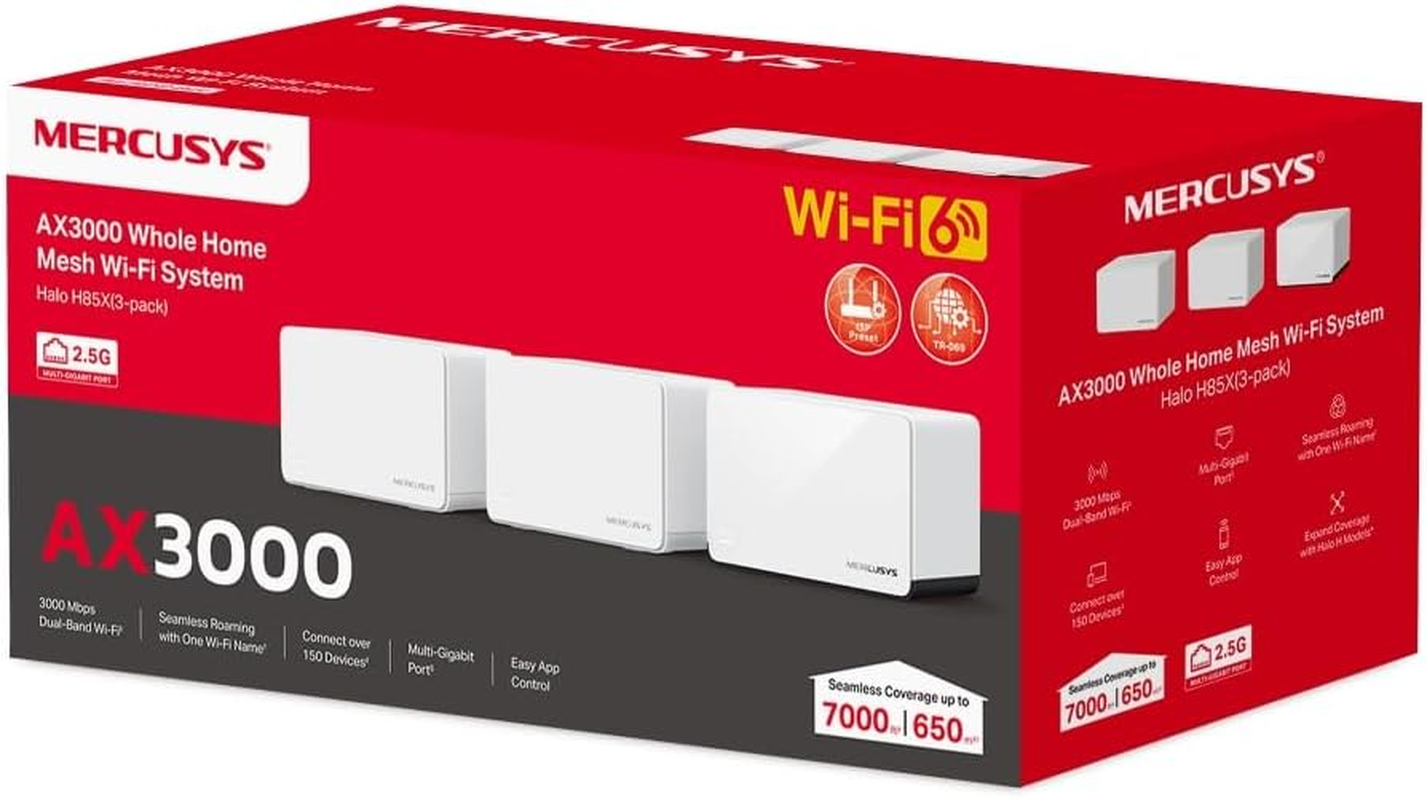 Mercusys AX3000 Whole Home Mesh Wi-Fi 6 System, Dual-Band, 2.5 Gigabit Port, Seamless Roaming, Gaming & Streaming, Smart Home, Easily Manage and Set Up, 2 X H80X + 1 X H85X (Halo H85X(3-Pack))
