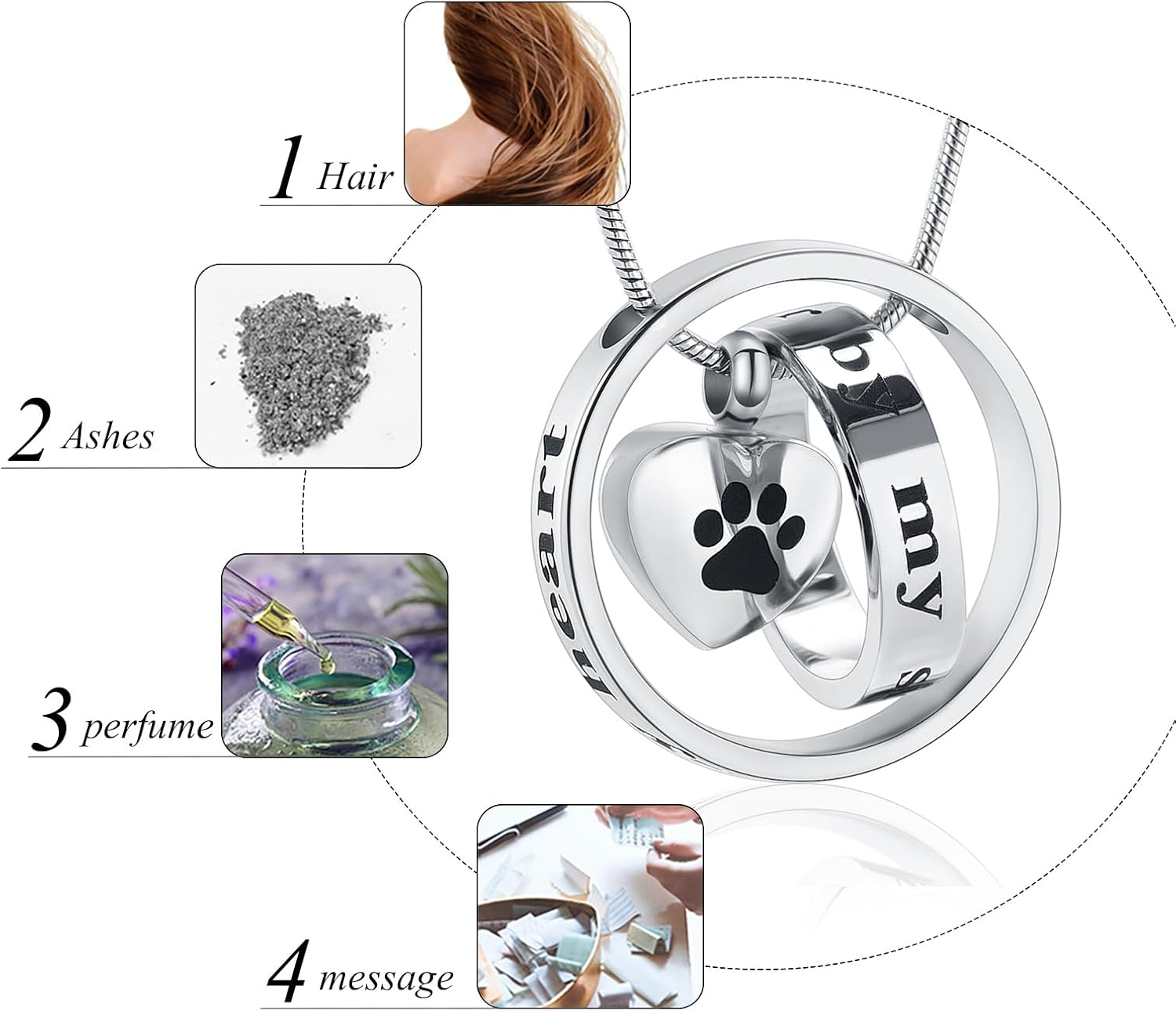 Memorial Jewelry Forever in My Heartno Longer by My Side Cremation Pet Urn Necklace Screw Opens and Lock Ashes Pendant Jewelry for Dog Cat (Silver) - Black image number 2