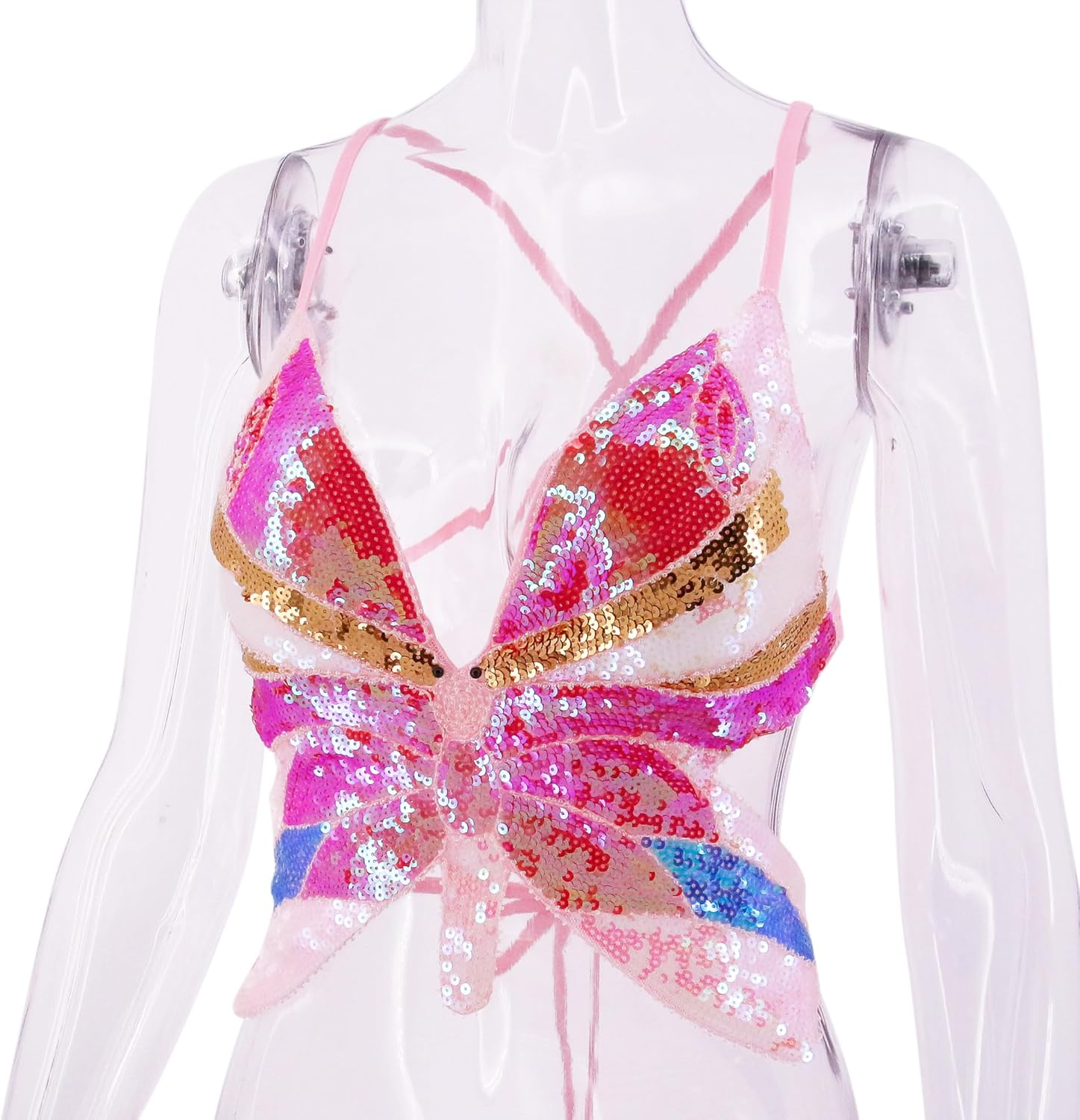 Monanoat Women&rsquo;S Sexy Butterfly Shape Sequin Crop Top Bandage Lace up Tank Top Belly Dance Top Costume Outfits - A Pink Mix image number 2