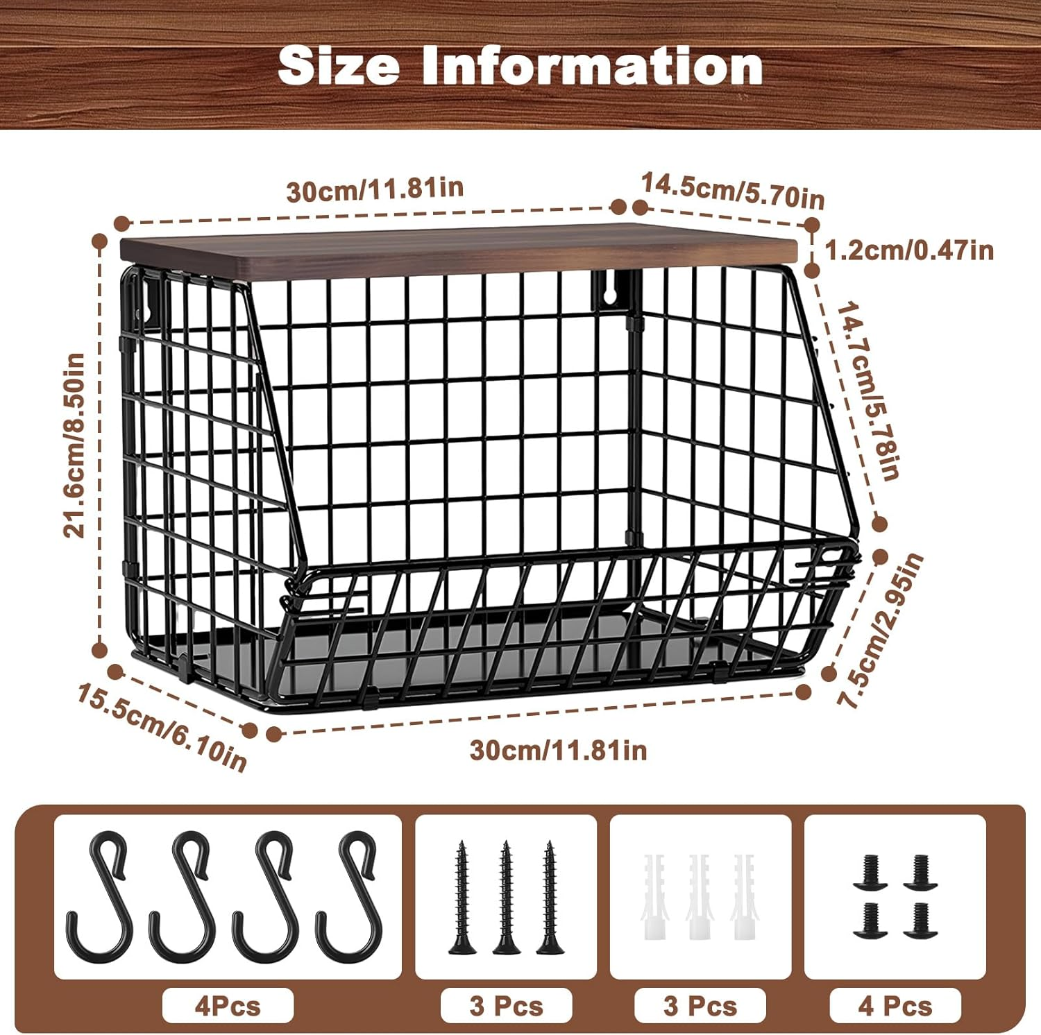 Dinhauyon Vegetable and Fruit Storage, Fruit Basket, Stackable Fruit Holder with Wooden Lid, Kitchen Countertop Rack, Wall Mounted Storage Baskets for Vegetables Fruit Bread Snacks image number 5