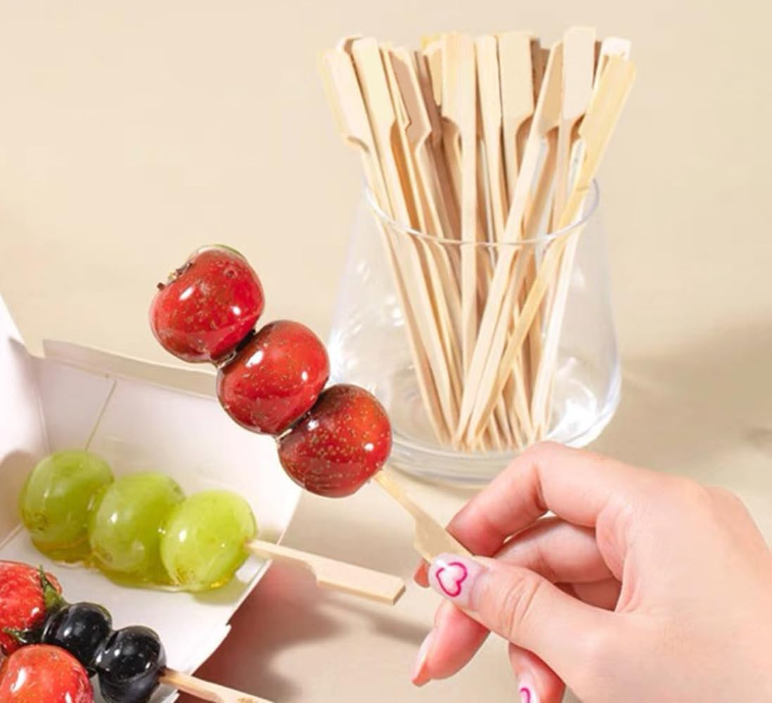 200 Pieces Paddle Bamboo Skewers, 9CM Flat Burgers Sticks Children Skewers Kids Wooden Fruits Picks Cocktail Sticks Satay Skewers image number 6