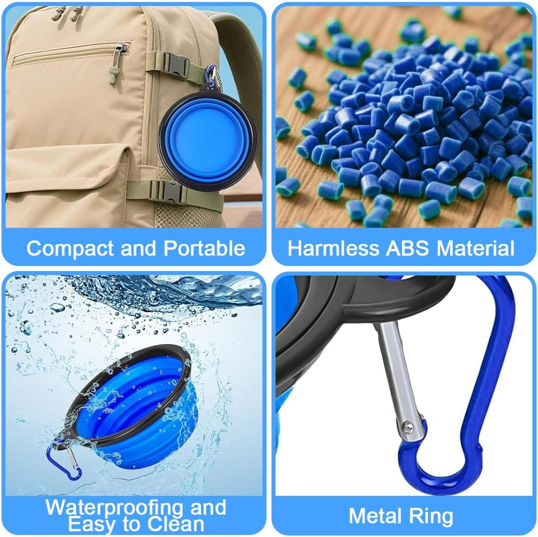 SGERUFZ Dog & Cat Travel Bowl Single Piece TPE and ABS with Silver Carabiner for Water & Food Ideal for Travel (Black Rim, Blue Body) image number 3