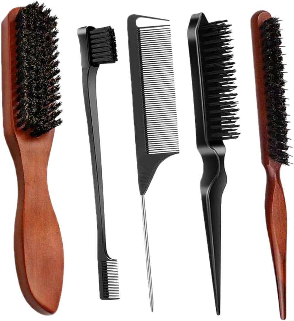 5-Piece Set of Wild Boar Bristle Comb with Wooden Handle for Smooth Bristle Combing and Styling, Anti-Static Wooden Handle Zxjsisy Hair and Beard Styling Set, Suitable for Both Men and Women image number 5