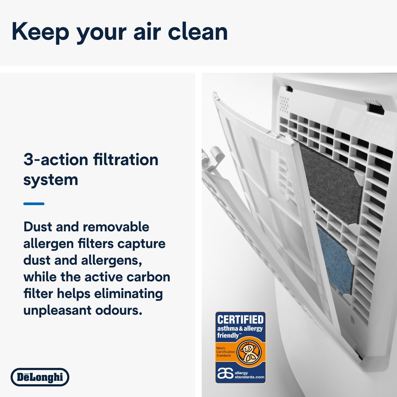 De'Longhi Tasciugo Ariadry Multi Dehumidifier DEXD214RF, Portable Dehumidifier with 3-Action Filtration, Dry Function, 14L/Day Moisture Absorption, R290, Removable Tank, White image number 4