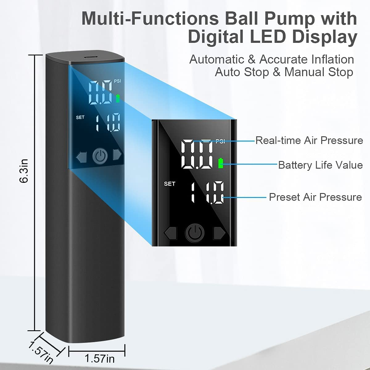 Electric Ball Pump, Smart Air Pump Portable Fast Ball Inflation with Precise Pressure Gauge and Digital LCD Display for Football Basketball Volleyball Football (2 Pin and 1 Spout) image number 2