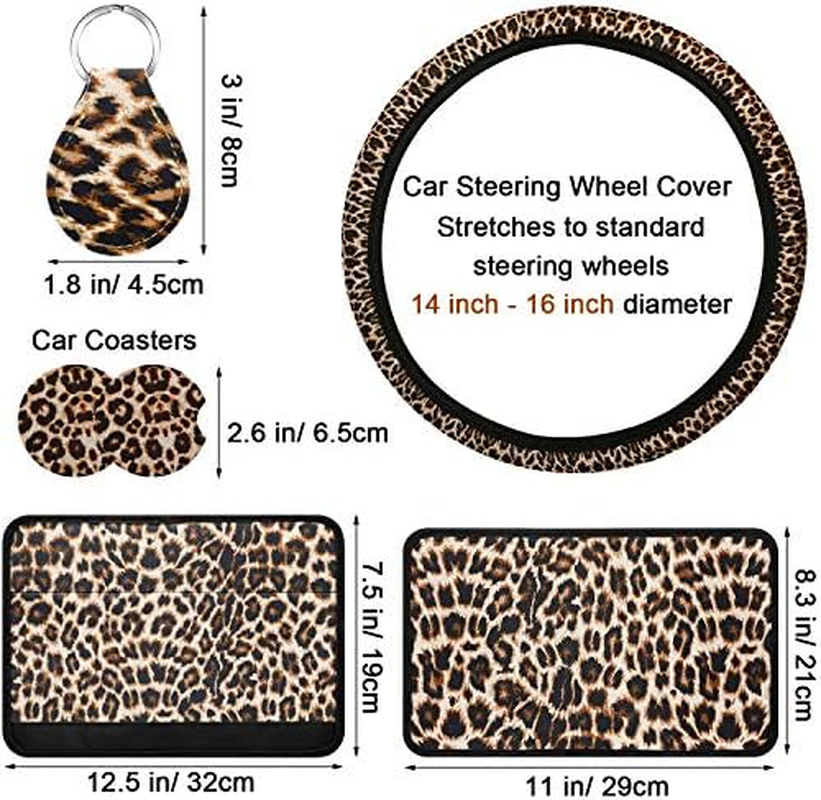 7-Piece Leopard Print Car Accessory Set - Steering Wheel Cover, Car Coasters, Keyring, Armrest Pad & Seat Belt Pads for Most Cars image number 5