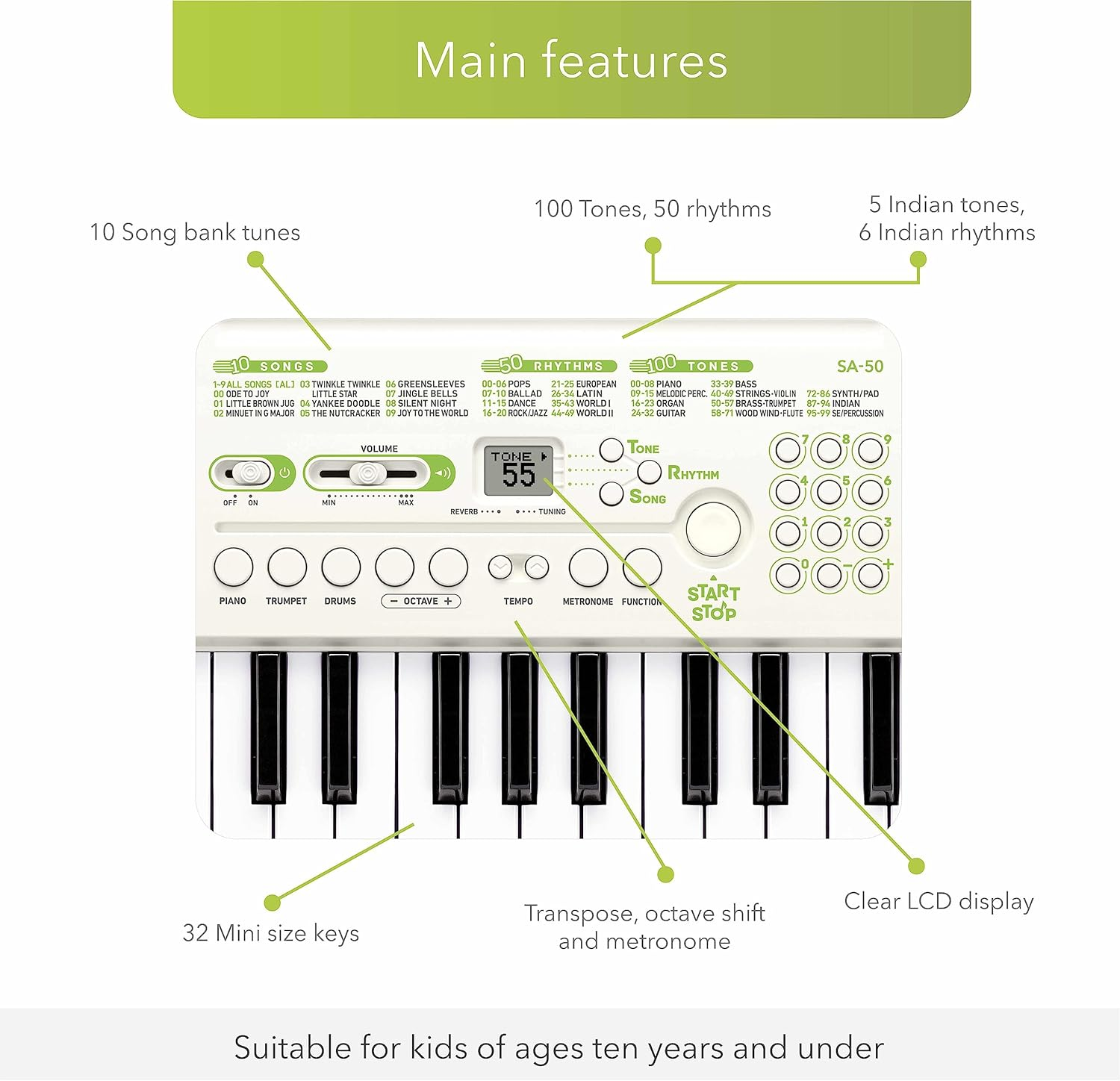 Casio SA-50 32 Mini-Keys Keyboard in White and Green and Rhythm Warriors Animated Online Lessons image number 3