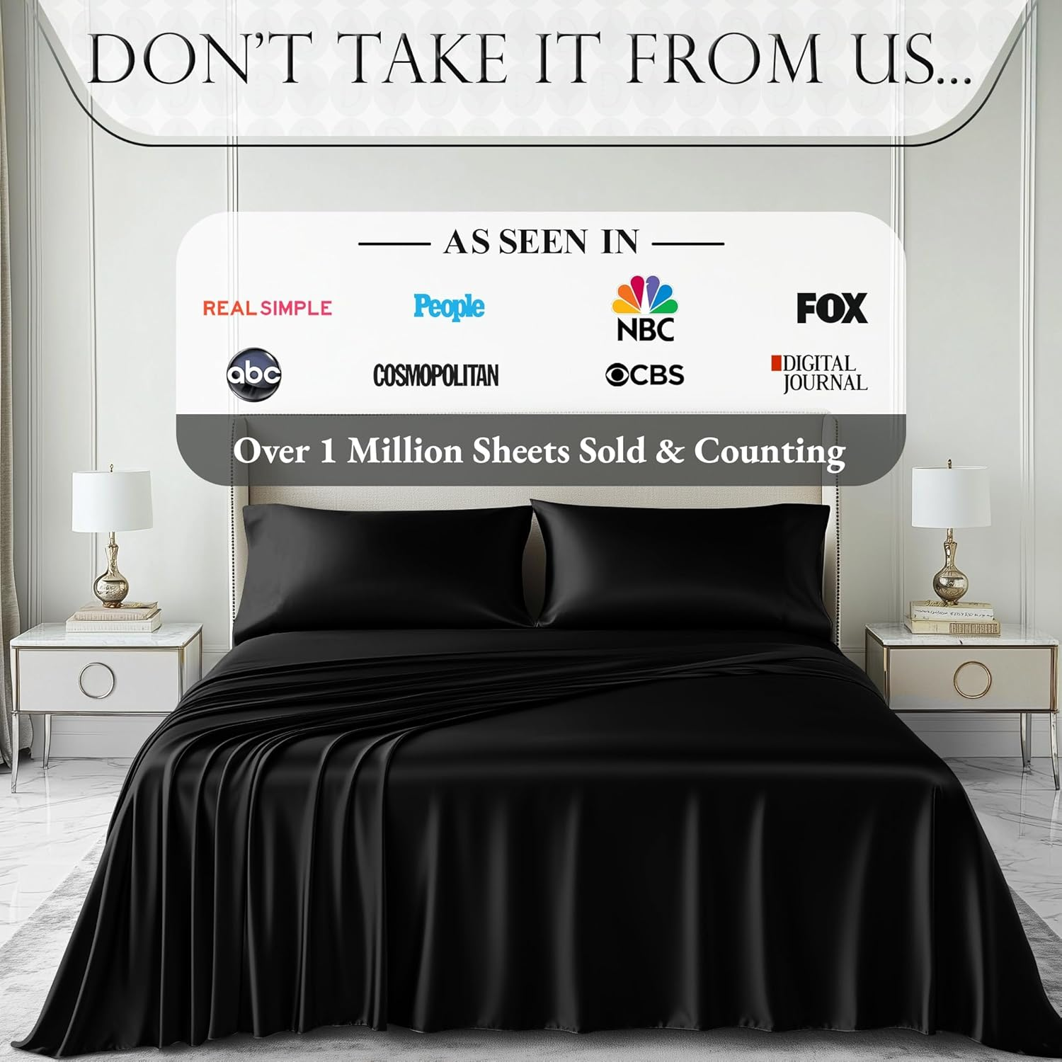 DECOLURE Satin Sheets, Silky Satin Sheet Set, Satin Bed Sheets Queen Set, (Queen Size) Black image number 3