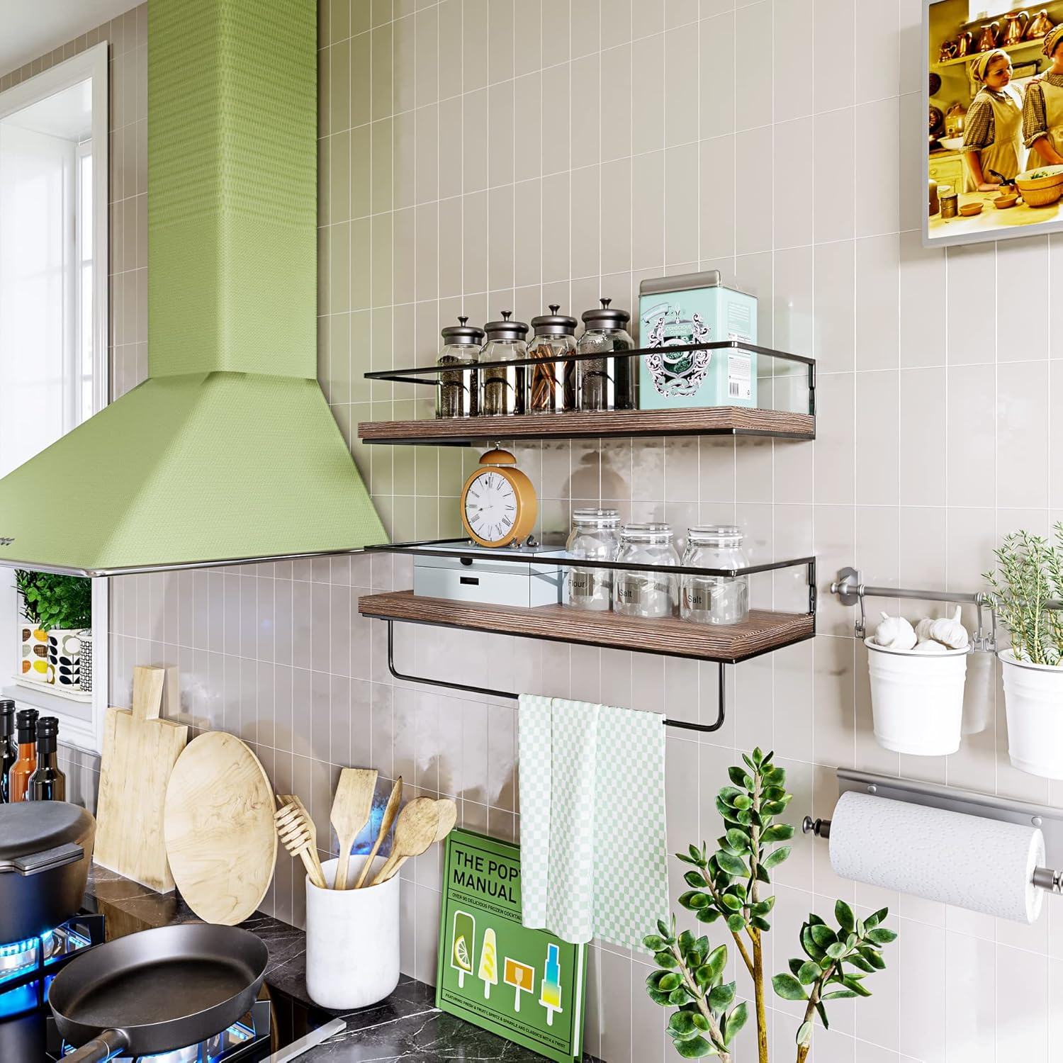 Shario Rustic Wood Floating Shelves - Set of 2, Wall Mounted Hanging Shelves with Black Towel Rack, Decorative Storage Shelves for Bathroom, Kitchen, Living Room & Bedroom (Dark Carbonized Brown) - Dark Brown image number 6