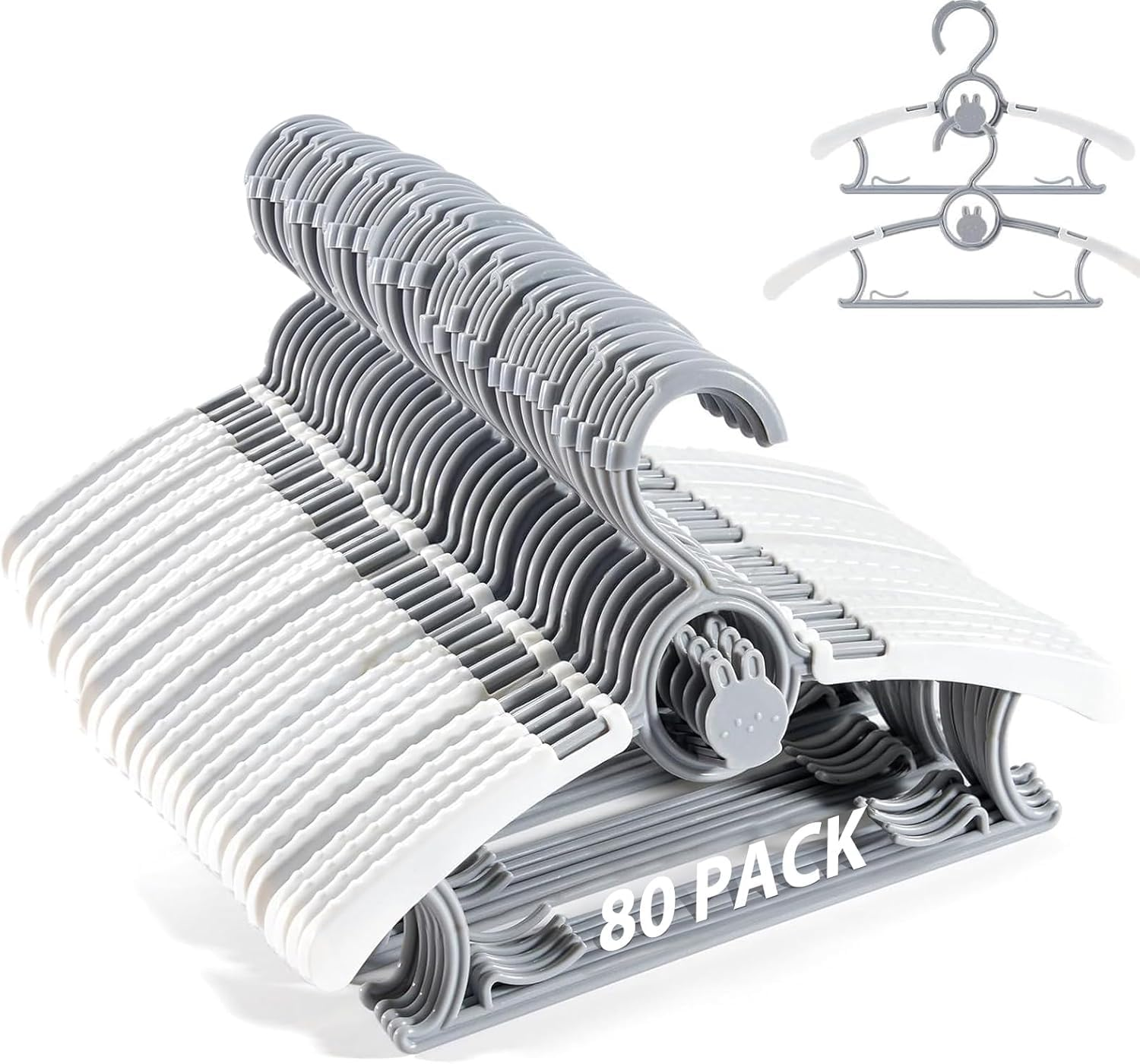 Extendable Stackable Baby Hangers 60 Pack - Adjustable 11-14 Inch Kids Clothes Hangers，Non-Slip Mixed Colors Infant Toddler Hangers for Children Teens (80 Pack Grey)