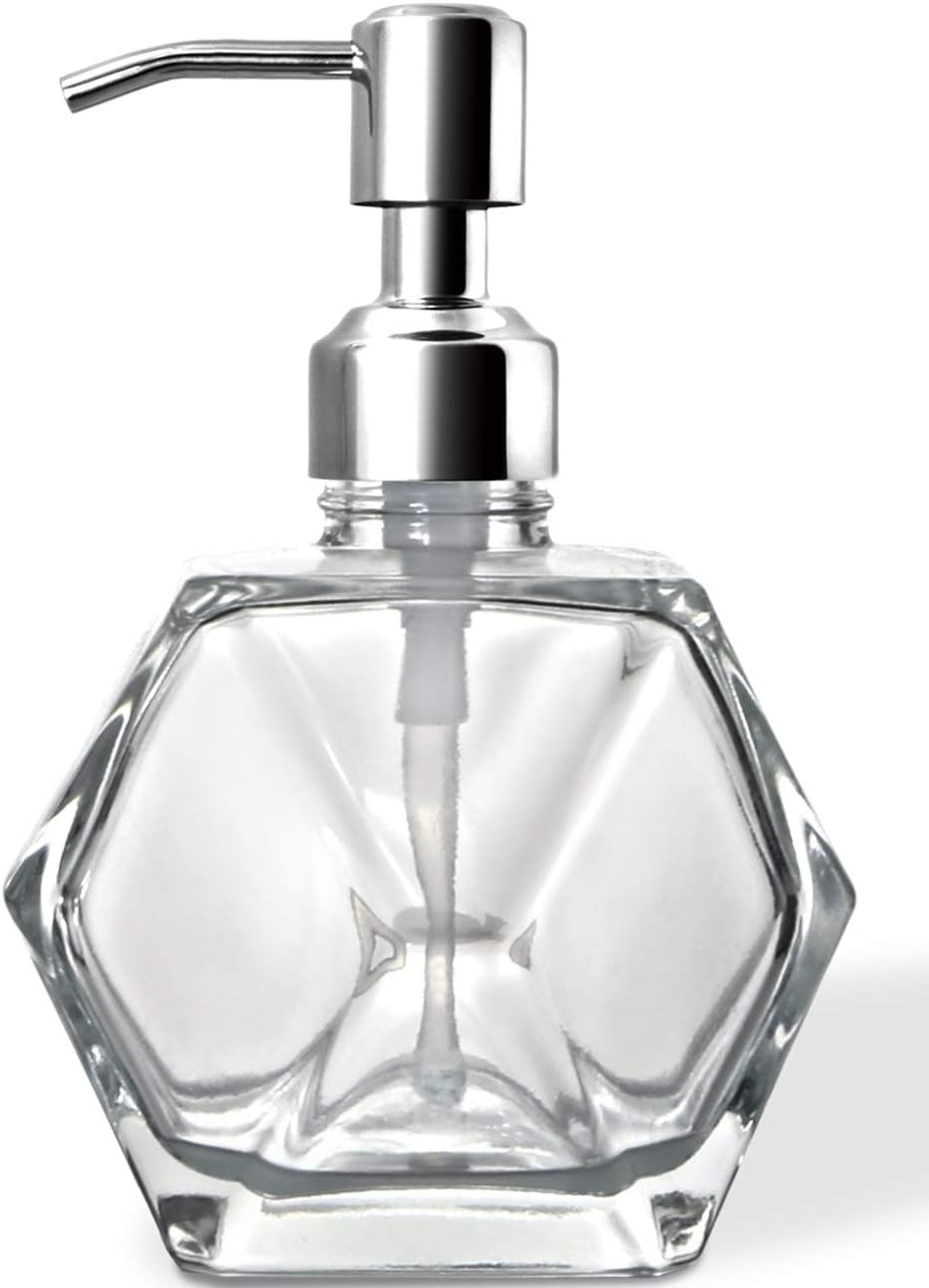 Modern Geometric Shape Clear Glass Soap Dispenser Lotion Dispenser Bottle with Rust Proof Stainless Steel Pump for Kitchen Bathroom Accessory Countertop Great for Soap Lotions and Body Oil. image number 5