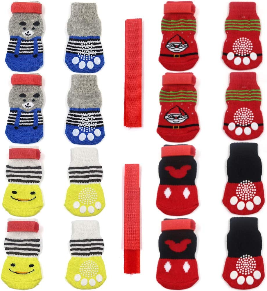 4 Pairs Anti-Slip Dog Socks&Cat Socks with Rubber Reinforcement and 8 Small Straps, Pet Paw Protector for Hardwood Floors, Indoor Wear Style 2(S)