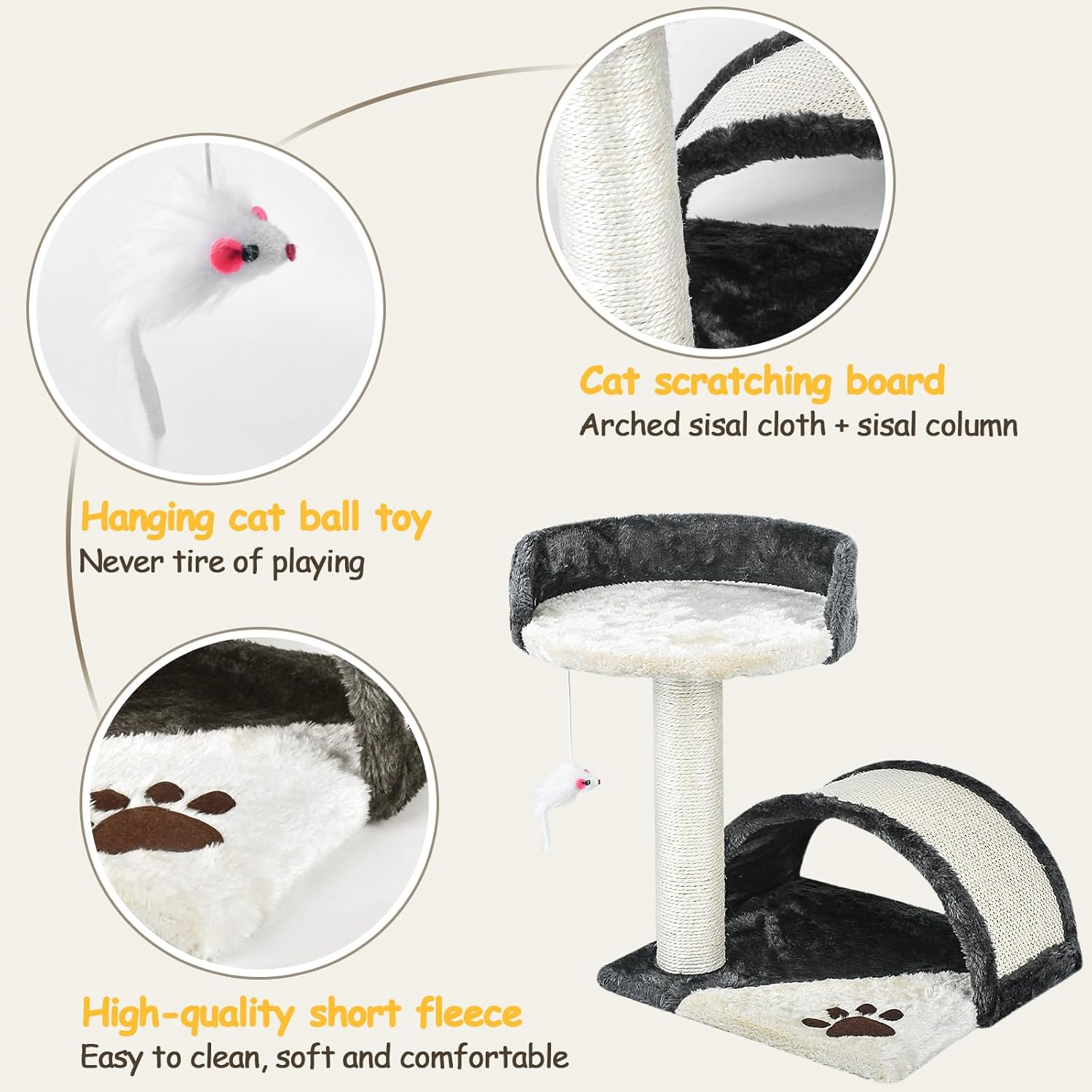 FIEKKRNR Cat Tree Tower with Scratching Posts, Activity Centre Climbing Tree Furniture, Natural Sisal Scratching Post, and Dangling Ball for Indoor Cats, Beige & Gray image number 2
