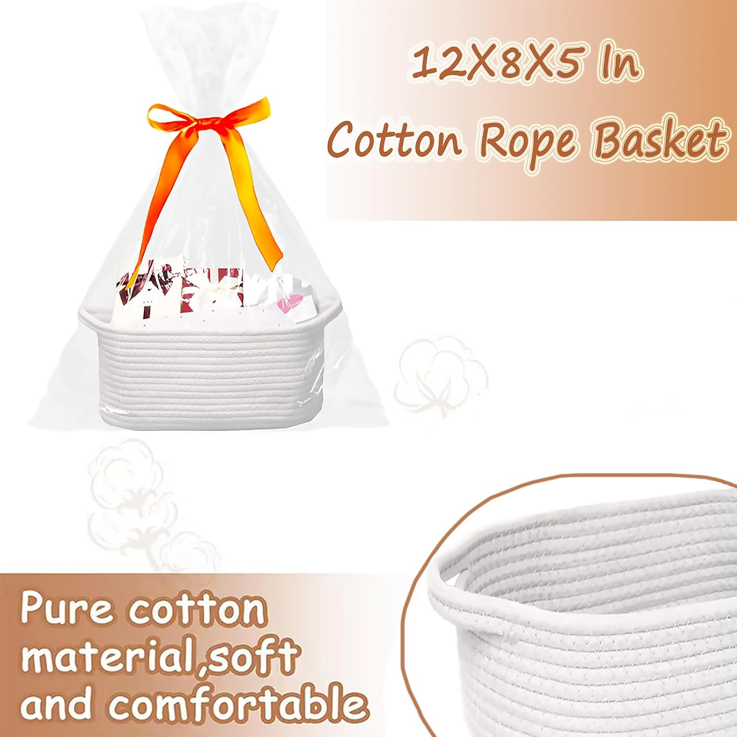 Baby Gift Basket with Gift Bags and Ribbons, 12X 8 X 5 Inch Empty Cotton Rope Baby Basket, Basket Organizer for Baby and Pet Toys, White image number 4