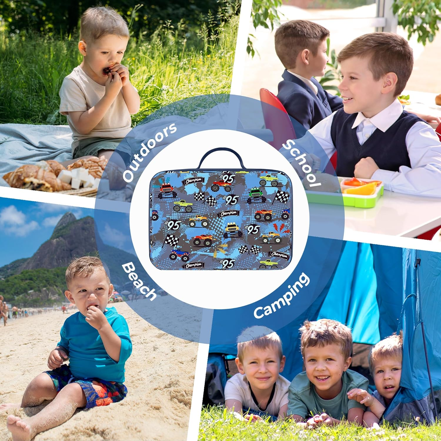 Clastyle Car Insulated Kids Lunch Bag Truck Large Thermal Cooler Bag for Boy Picnic School Lunch Box Tote,Racing Flag