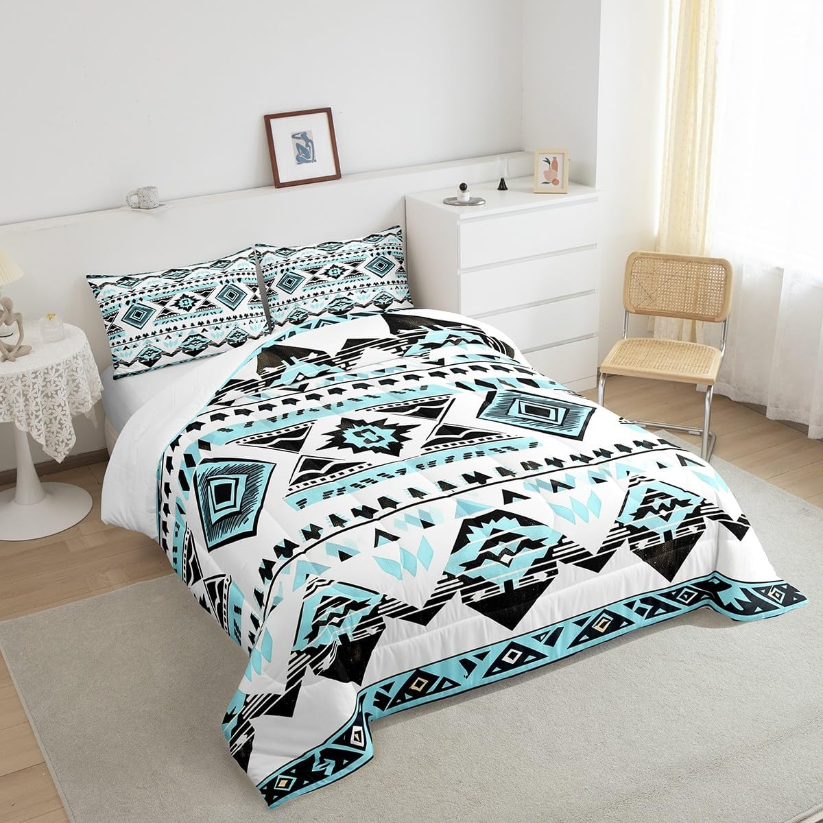Loussiesd Southwestern Duvet 135 X 200 Cm Boho Geometric Western Quilt for Room Decor Tribal Native American Pattern 4-Seasons Duvet Blue Black Breathable Duvet image number 2