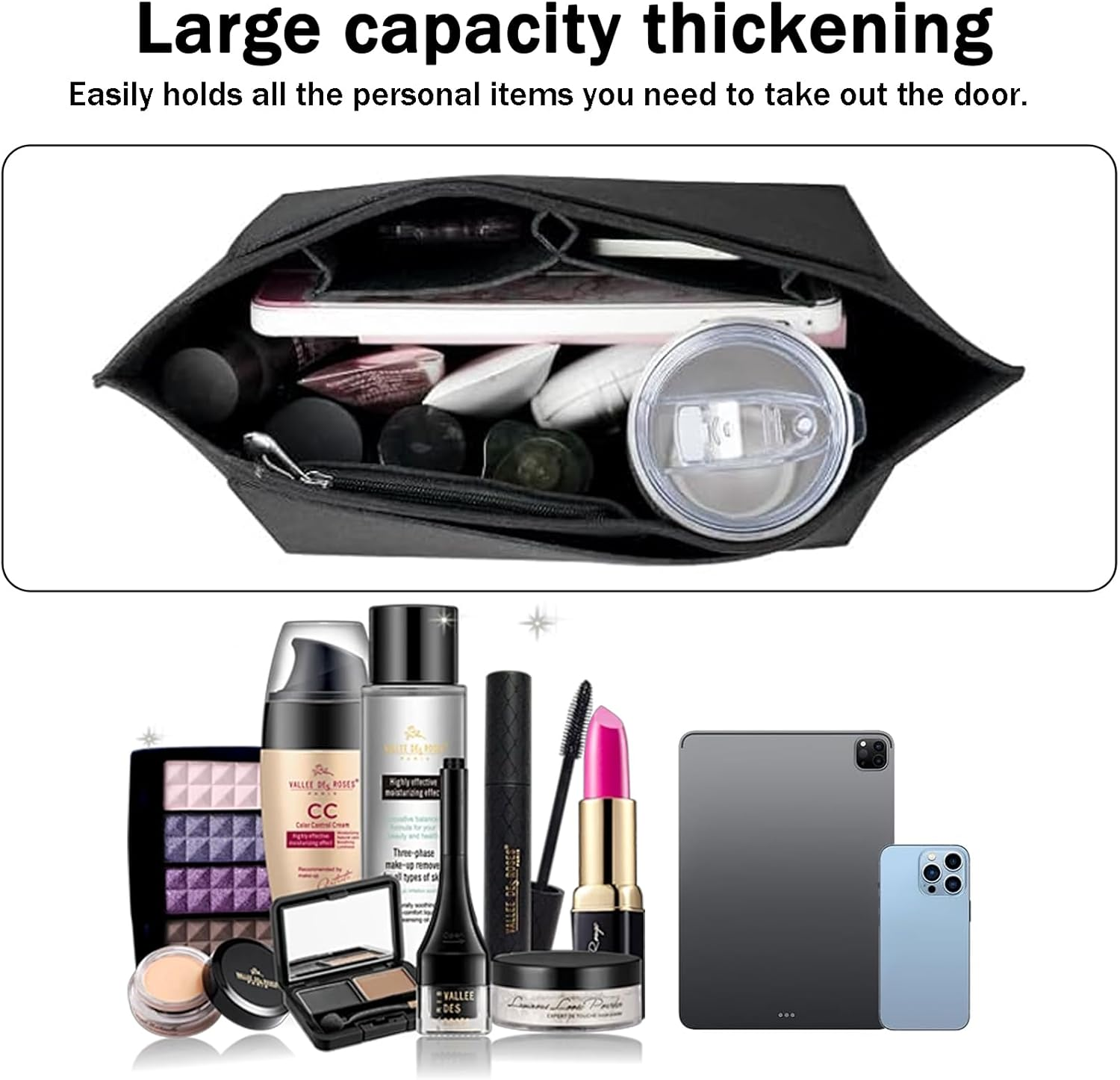 SSKHE Black Bag Organiser for Longchamp, Portable Organiser for Handbag, Purse, Folding Tote Bag, Felt Inner Liner, Multi-Pocket image number 2