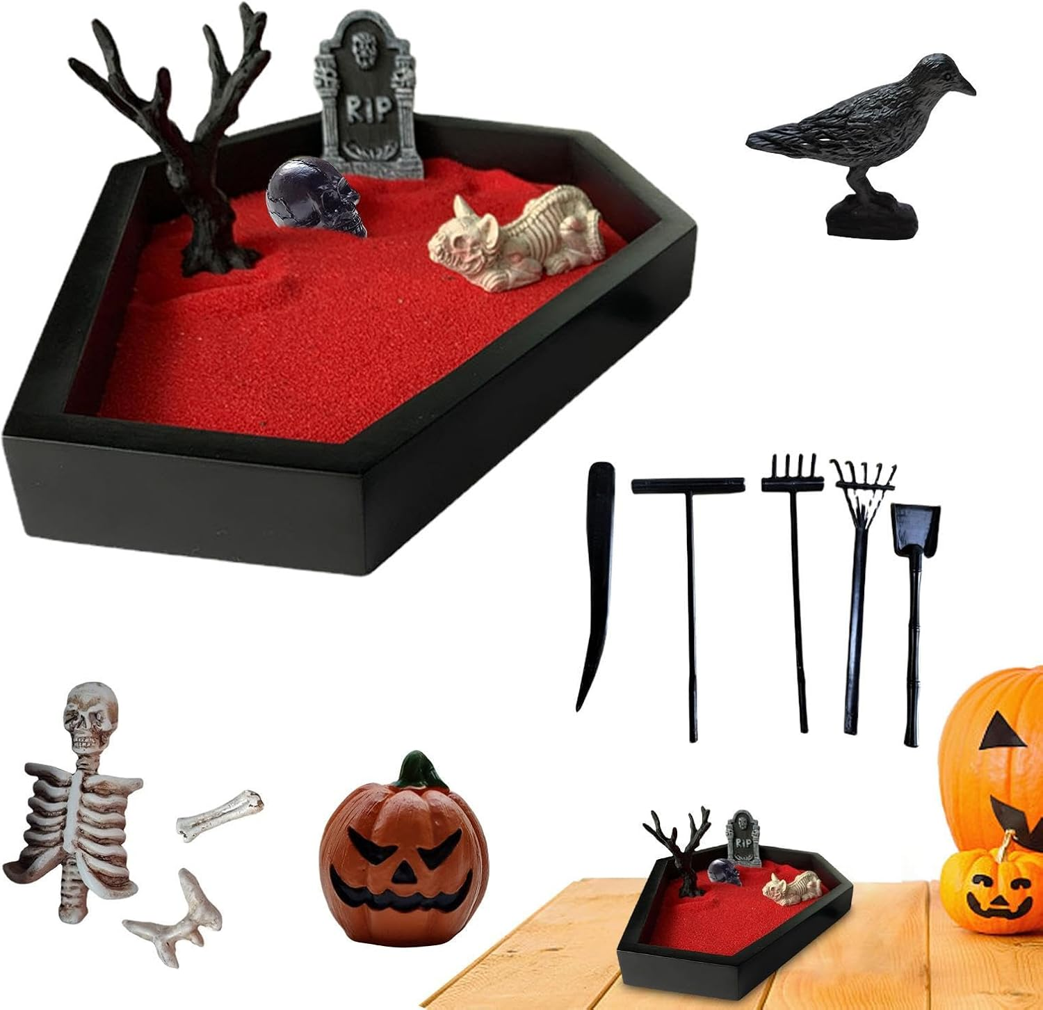 Zen Garden for Desk | Coffin Sand Decoration for Halloween - Indoor Ornament with Skull, Tombstone, Crow, Halloween Prop for Microlandscape image number 2