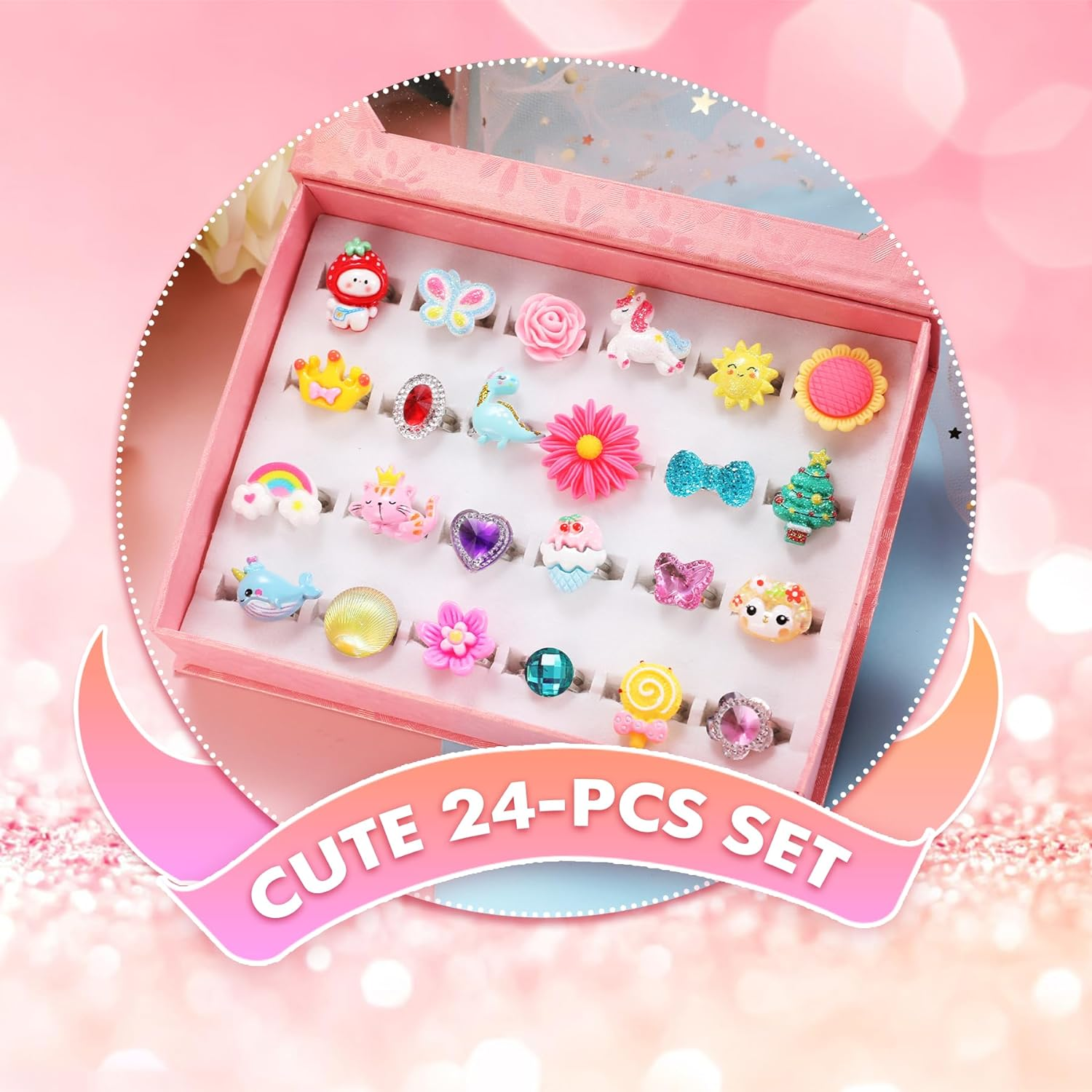 Pinksheep Little Girl Jewel Rings in Box, Adjustable, No Duplication, Girl Pretend Play and Dress up Rings (24 Lovely Ring), Silicone, No Gemstone image number 3
