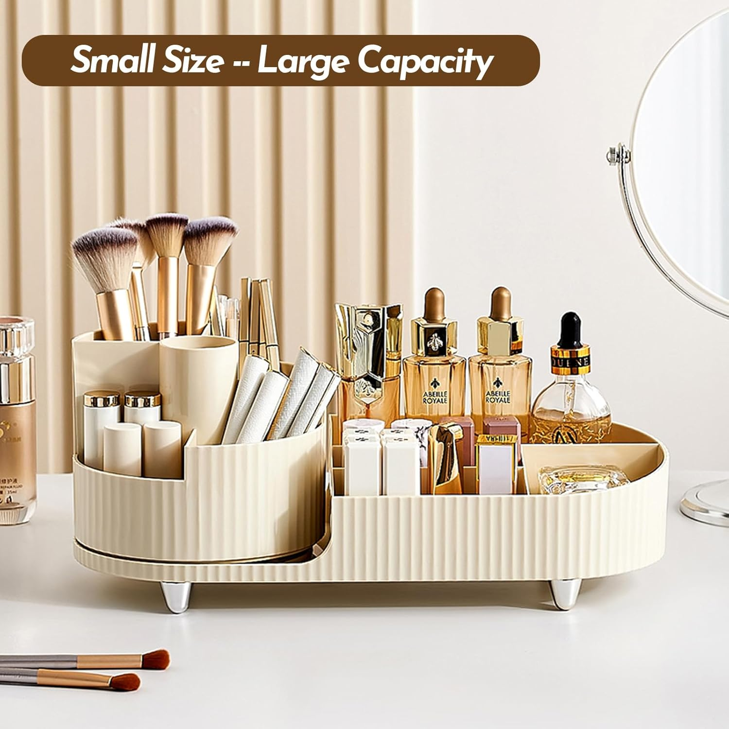 Marakruki Makeup Organiser Cosmetics with 360&deg; Rotating Brush Holder Beauty Organiser, Sleek Cream White Ideal for Bedroom/Dressing Table/Bathroom(Cream) image number 4