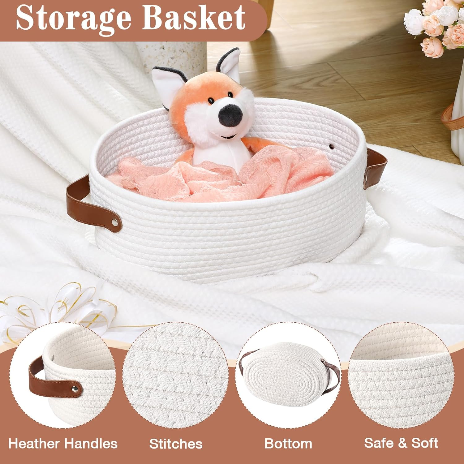 Colingmill 2 Pack Small Baskets for Gifts Empty with Handle Woven Basket with Bags and Ribbons Empty Storage Box Pet Toy Organizer for Baby Birthday Wedding Presents(White,13 X 8 X 6 Inch) image number 5