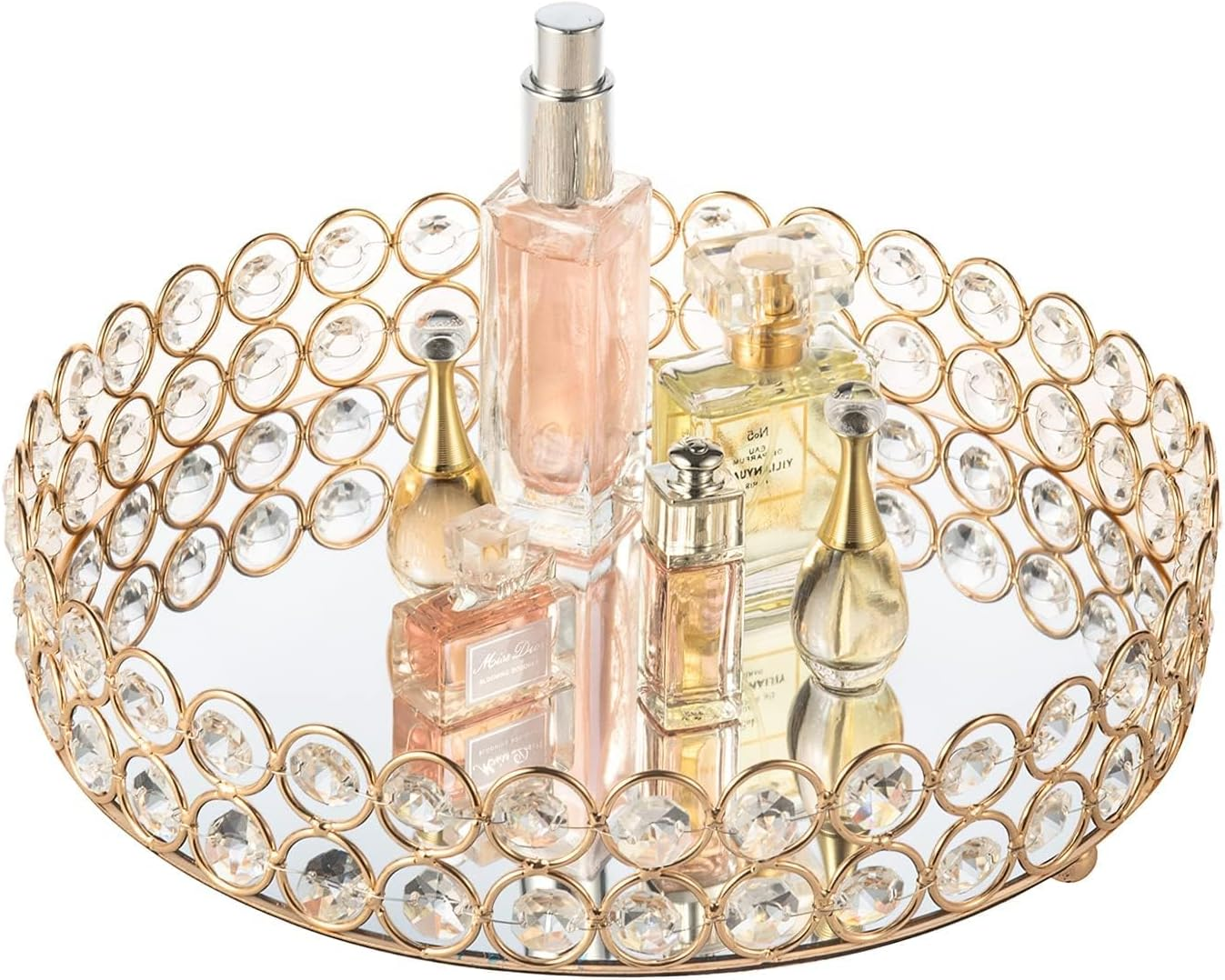 Feyarl Crystal Jewelry Tray Cosmetic Organizer round Tray Mirrored Decorative Trays for Perfume Bottles, 25Cm (Silver)