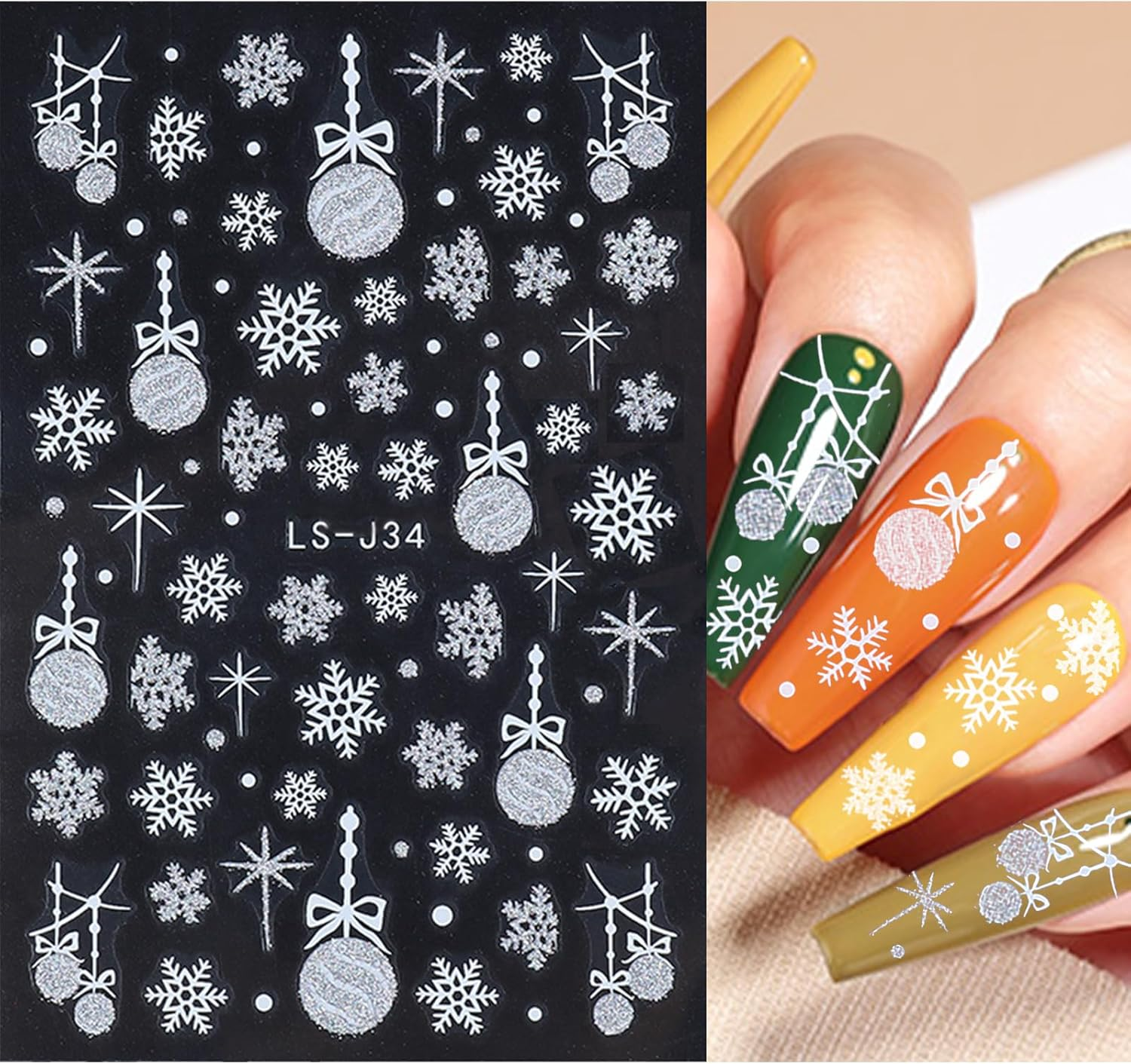 Nail Stickers Christmas Snowflakes 6 Sheets Nail Art Stickers Self-Adhesive Nail Stickers and 1 Tweezers Winter Elk Snowflake Gold Silver Glitter Decoration Stickers Nail Design Accessories Set E