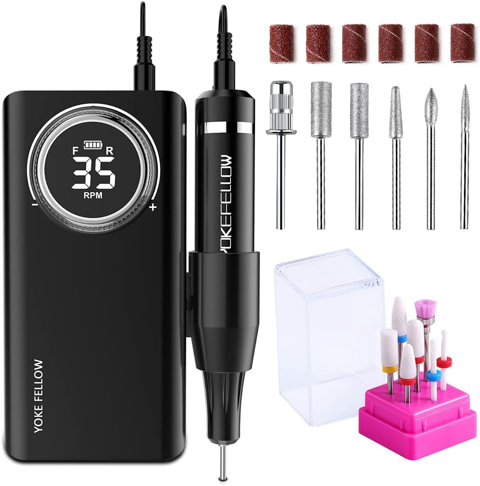 Yokefellow Professional 35000 RPM Nail Drill for Acrylic Nails with 6 Bits Rechargeable Portable Manicure Pedicure Nail Drill Machine as a Power Bank Black&Grey&Sliver (Black+Nb07) image number 4