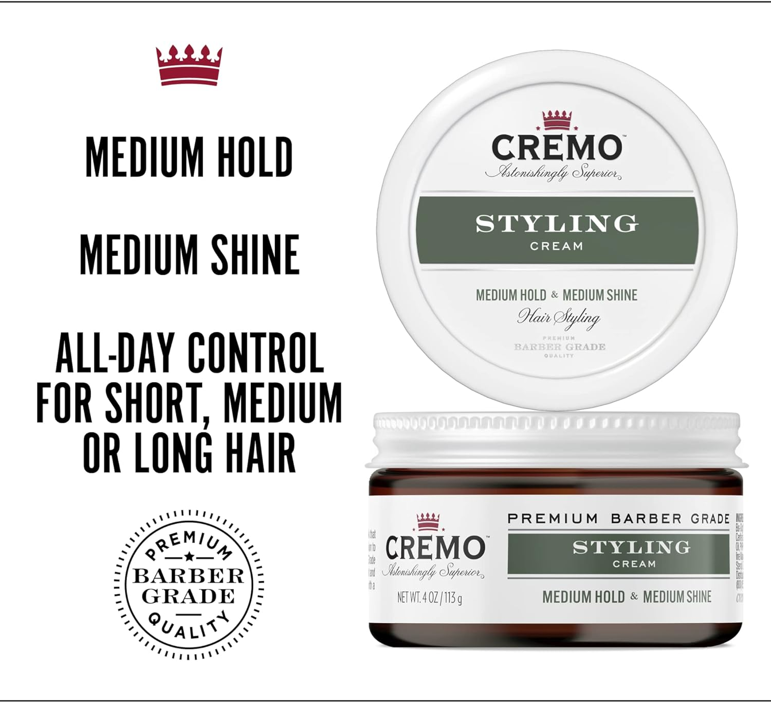 CREMO - Barber Grade Hair Styling Cream for Men | Medium Hold & Medium Shine | All Hair Types | 113G