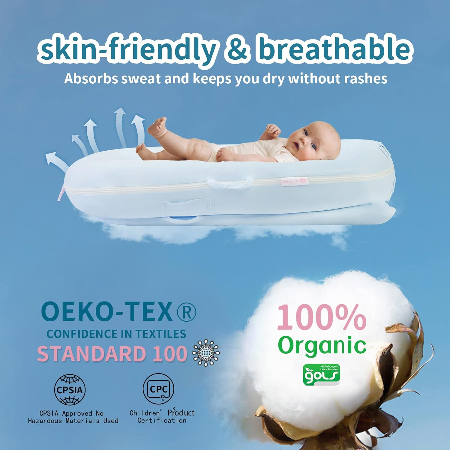 Organic Replacement Cover for Dockatot Deluxe+ Docks with Waterproof Pad Certified Organic Cotton Protects against Leaks Premium Quality Spare Cover (Cover Only) (Blue) image number 2