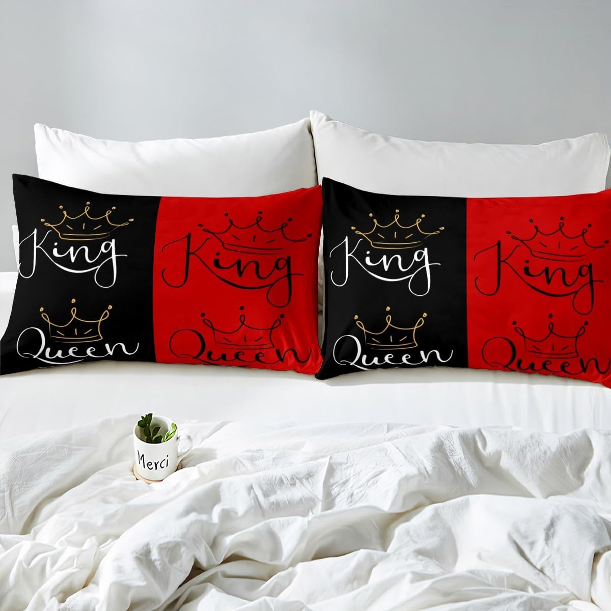 Crown Queen King Duvet Cover Set L Size, Couple Lovers Bedding Set, Teens Women Men Room Decor, Red and Black Comforter Cover, Valentine'S Day, Wedding Theme Quilt Cover, 2 Pillowcases image number 2