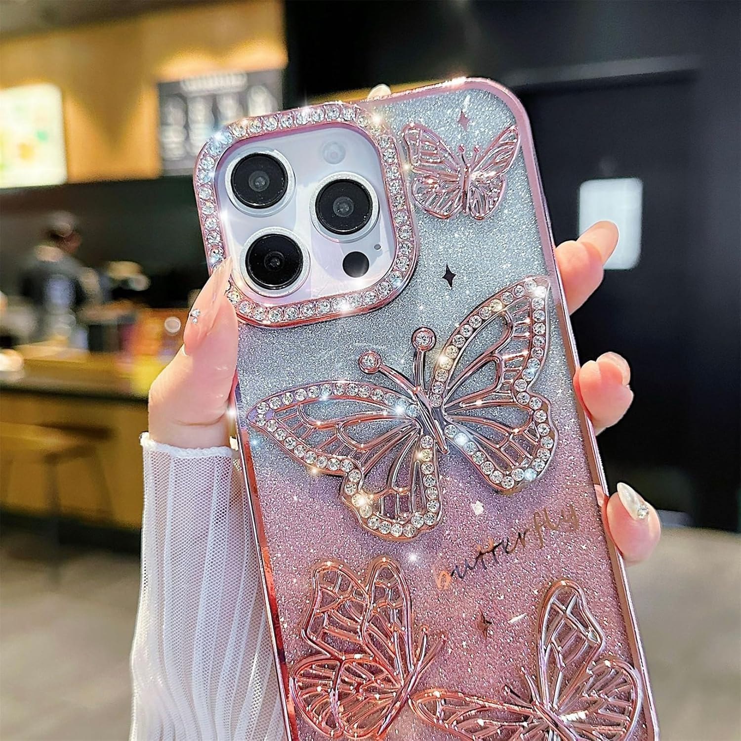 Emlivi Glitter Case for Iphone 16 Plus, 3D Butterfly Bling Diamond Mobile Phone Case Transparent TPU Bumper Cover, Colour Gradient Card, Camera Protection, Shockproof Protective Case for Iphone 16 image number 5