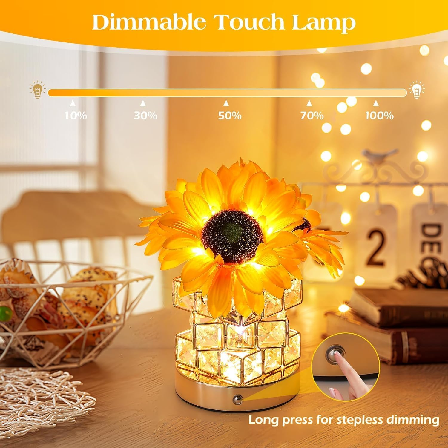 Sunflowers Flower Lamp, USB Rechargeable Cordless Lamp, 3 Colours Infinitely Dimming Small Night Light, with Artificial Crystal Vase, Festival Restaurant Bedroom Birthday Gifts for Women Mom (Yellow) image number 2
