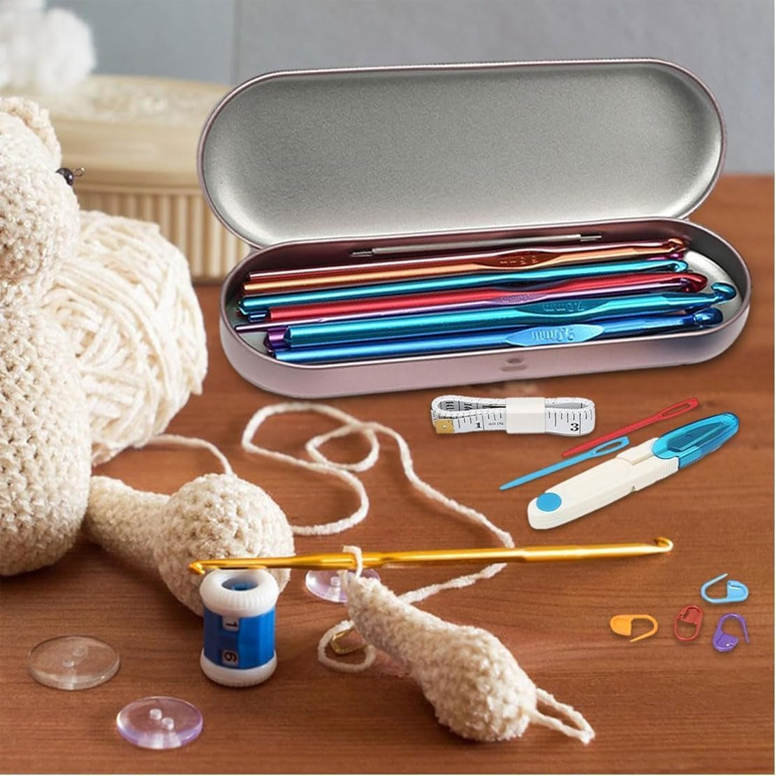 TOYSS Smooth Crochet Blanket Kit for Beginners, 1 Set with Aluminium Hooks, Storage Box, Stitch Markers, Needle Caps, Yarn, Traditional Style, Unisex, Kid image number 2